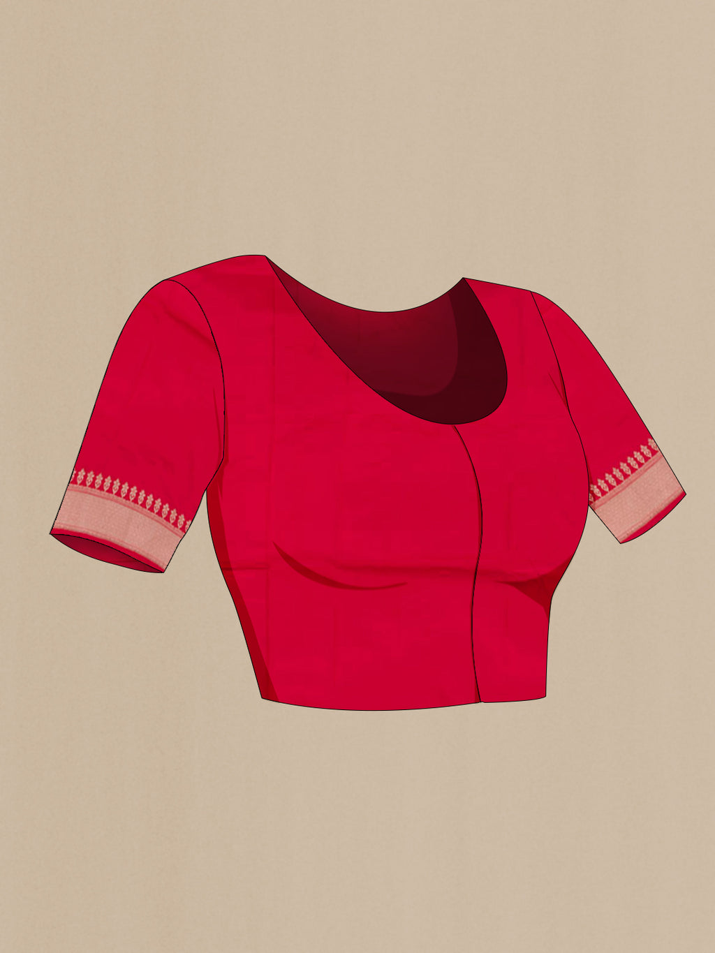 Close up image of the blouse of Red Banarasi Katan Silk Saree with Zari Butta on the body and Zari Border. 