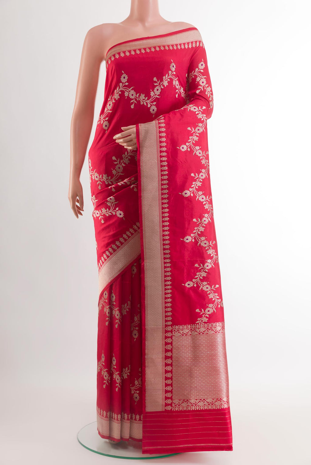 Red Banarasi Katan Silk Saree with Zari Butta on the body and Zari Border.  displayed on a mannequin