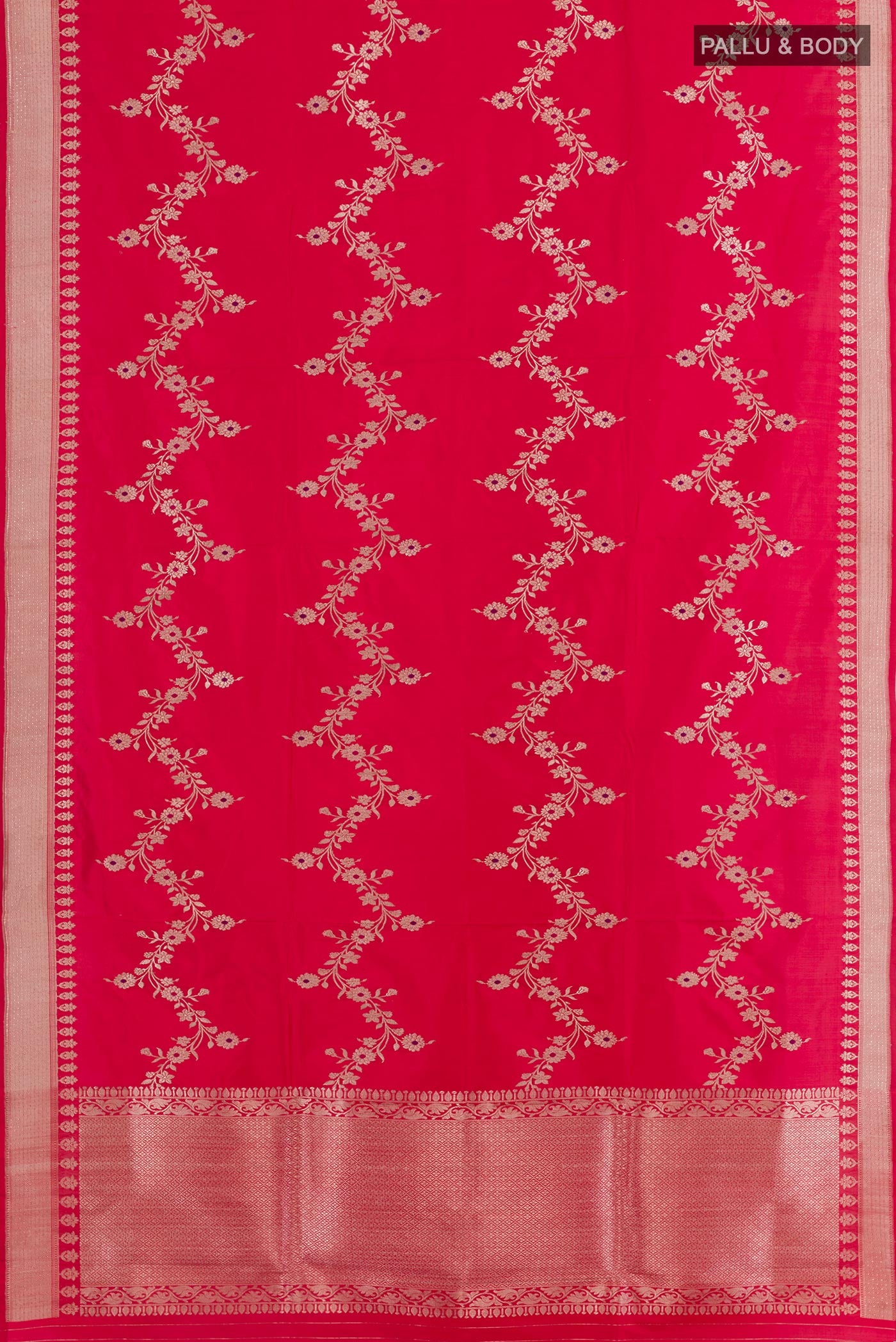 Flat view of Red Banarasi Katan Silk Saree with Zari Butta on the body and Zari Border. 