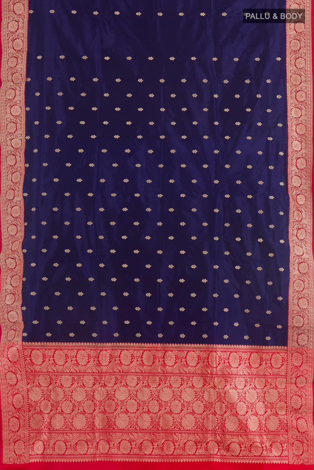 Flat view of Blue Banarasi Katan Silk Saree with Zari Butta on the body and Zari Border. 