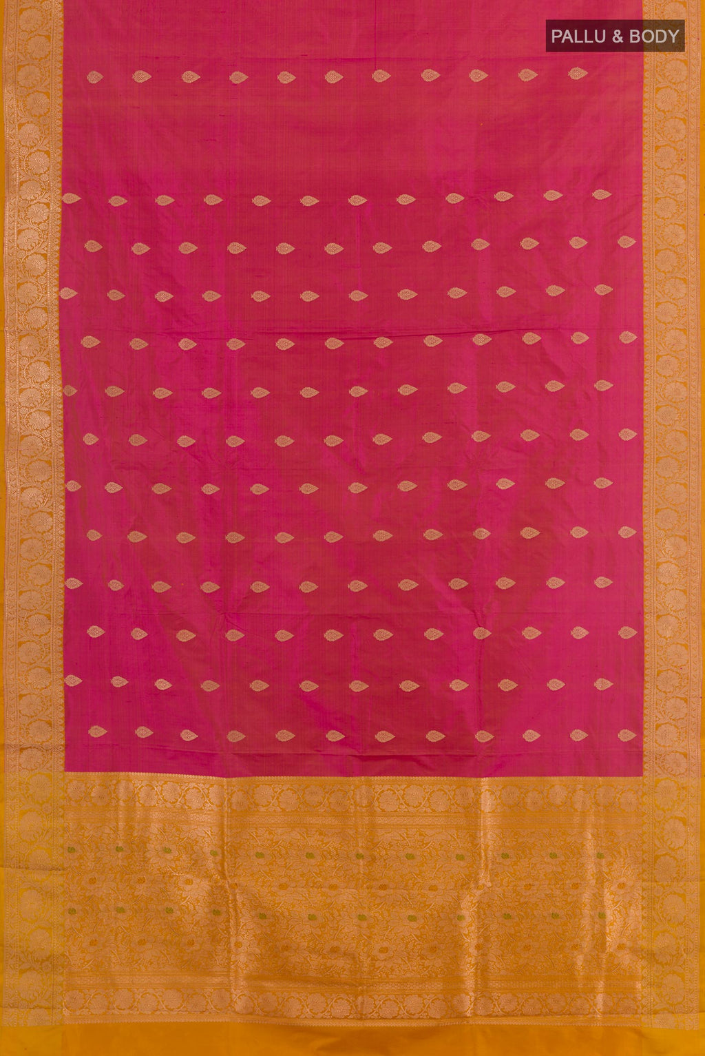 Flat view of Pink Banarasi Katan Silk Saree with Zari Butta on the body and Zari Border. 