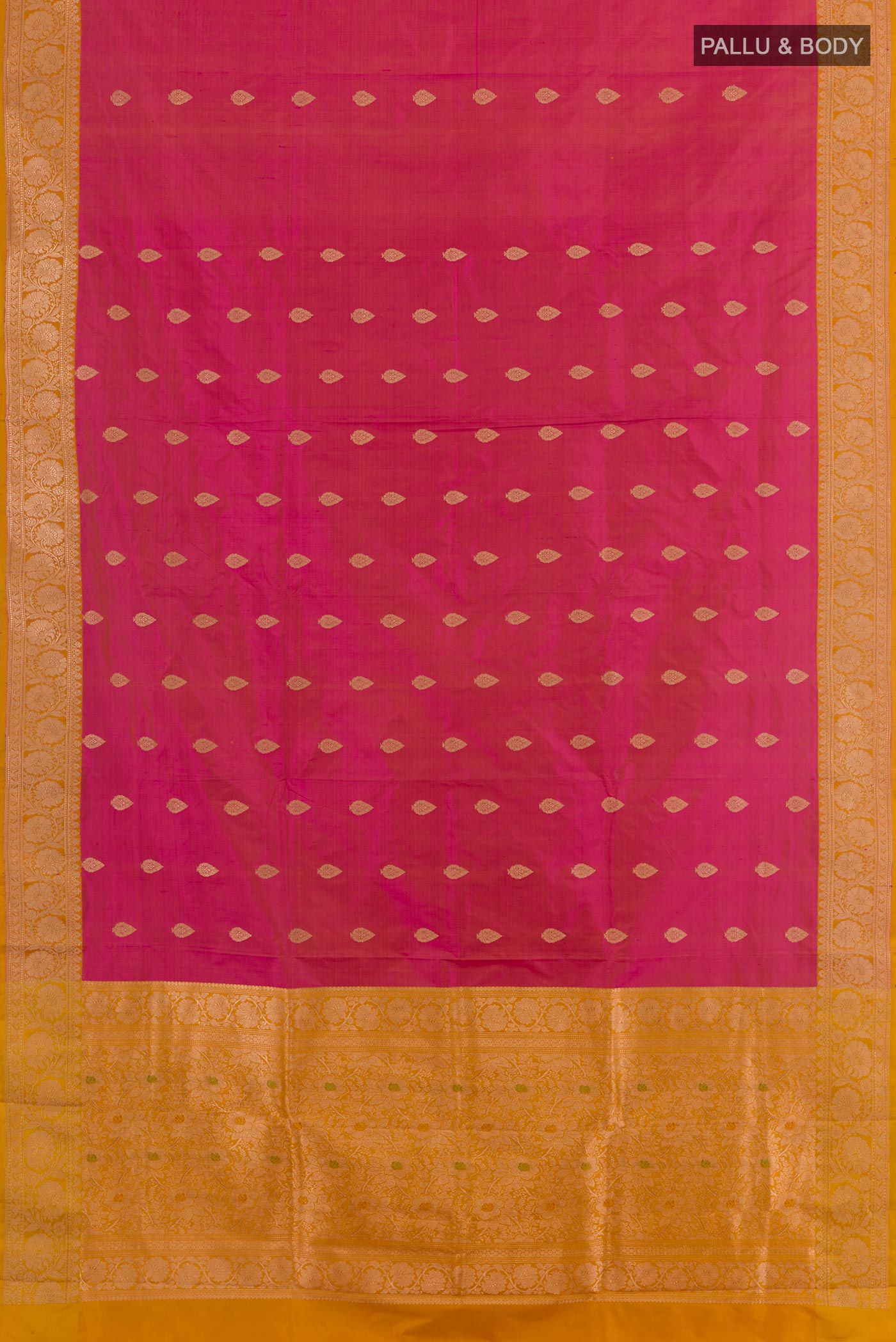 Flat view of Pink Banarasi Katan Silk Saree with Zari Butta on the body and Zari Border. 