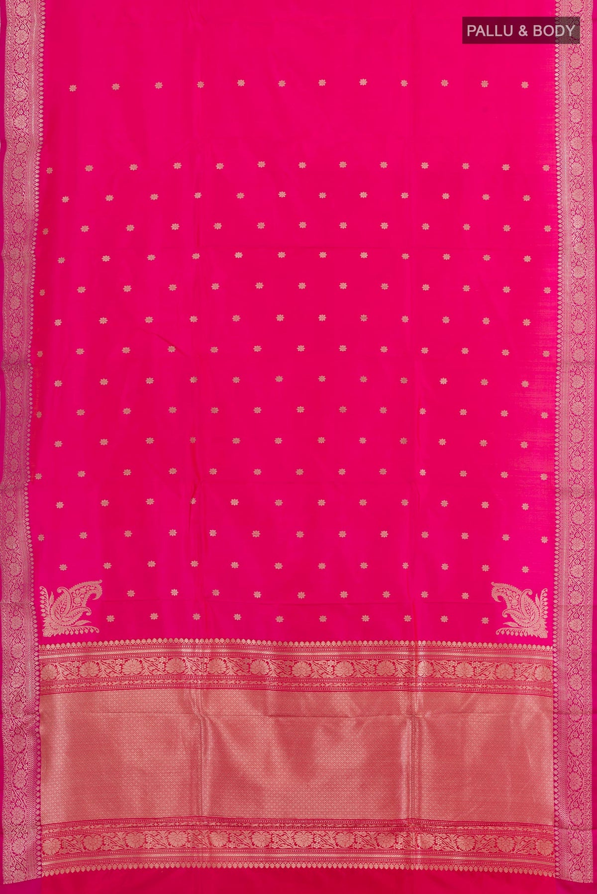 Flat view of Pink Banarasi Katan Silk Saree with Zari Butta on the body and Zari Border. 