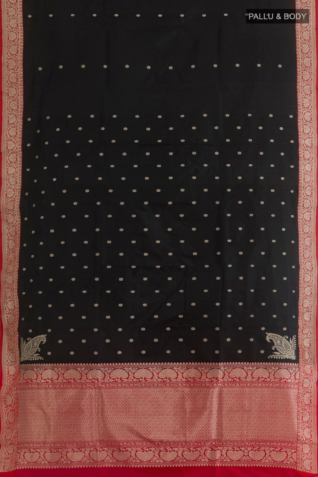 Flat view of Black Banarasi Silk Saree with Zari Butta on the body and Zari Border. 