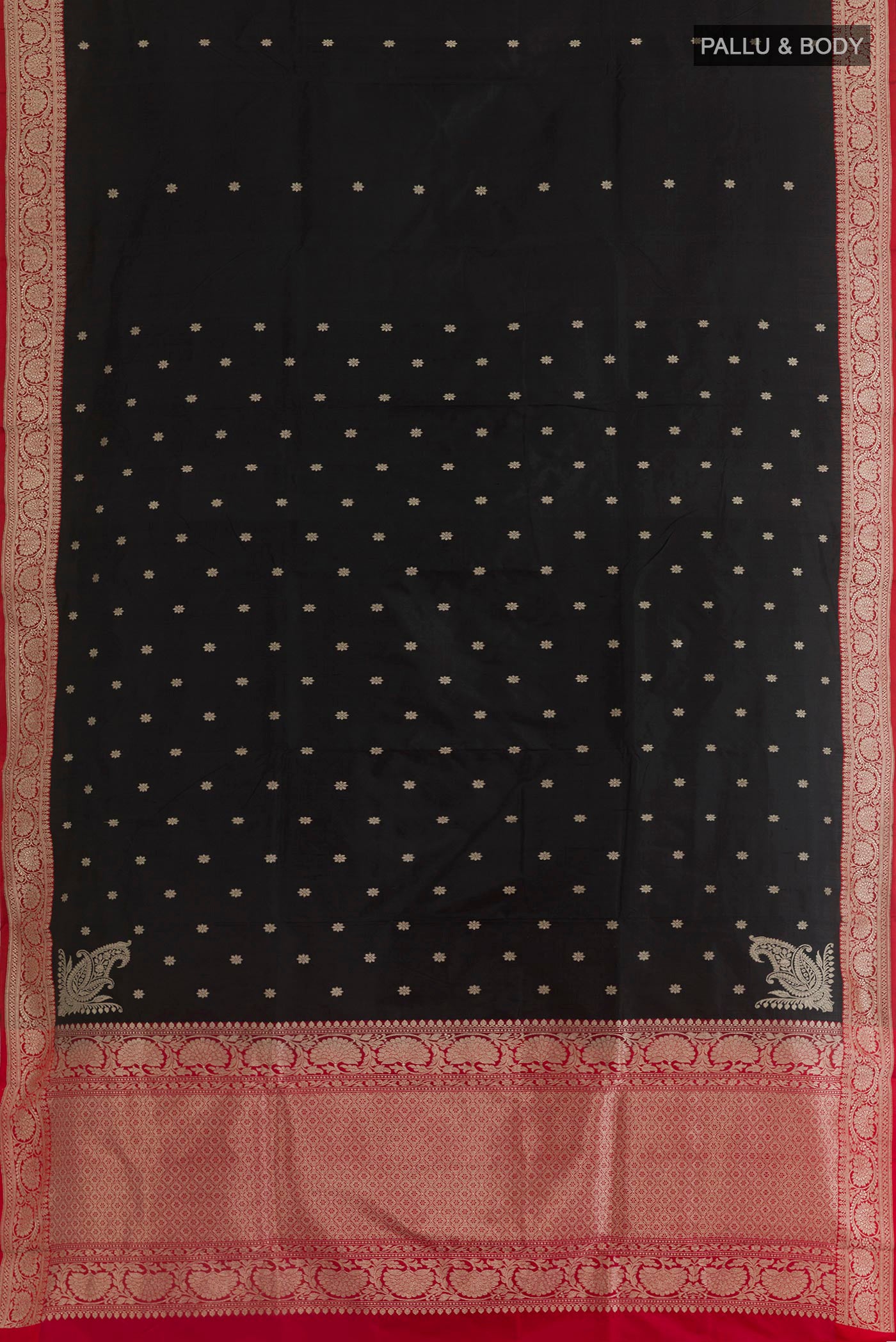 Flat view of Black Banarasi Silk Saree with Zari Butta on the body and Zari Border. 