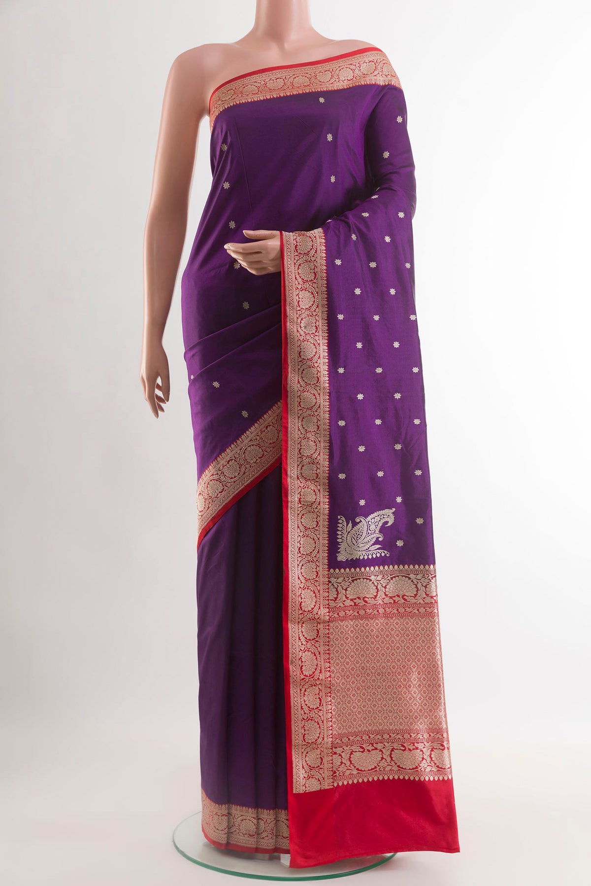 Purple Banarasi Silk Saree with Zari Butta on the body and Zari Border.  displayed on a mannequin