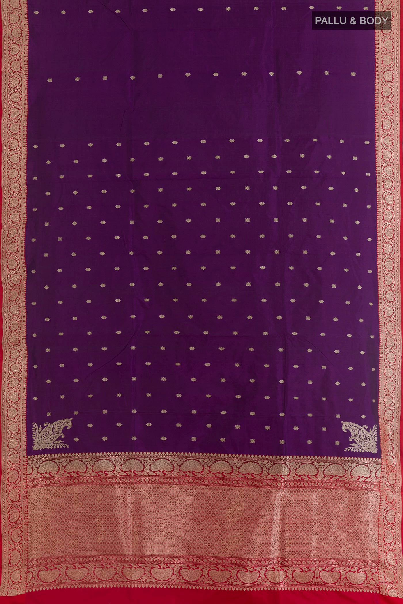 Flat view of Purple Banarasi Silk Saree with Zari Butta on the body and Zari Border. 