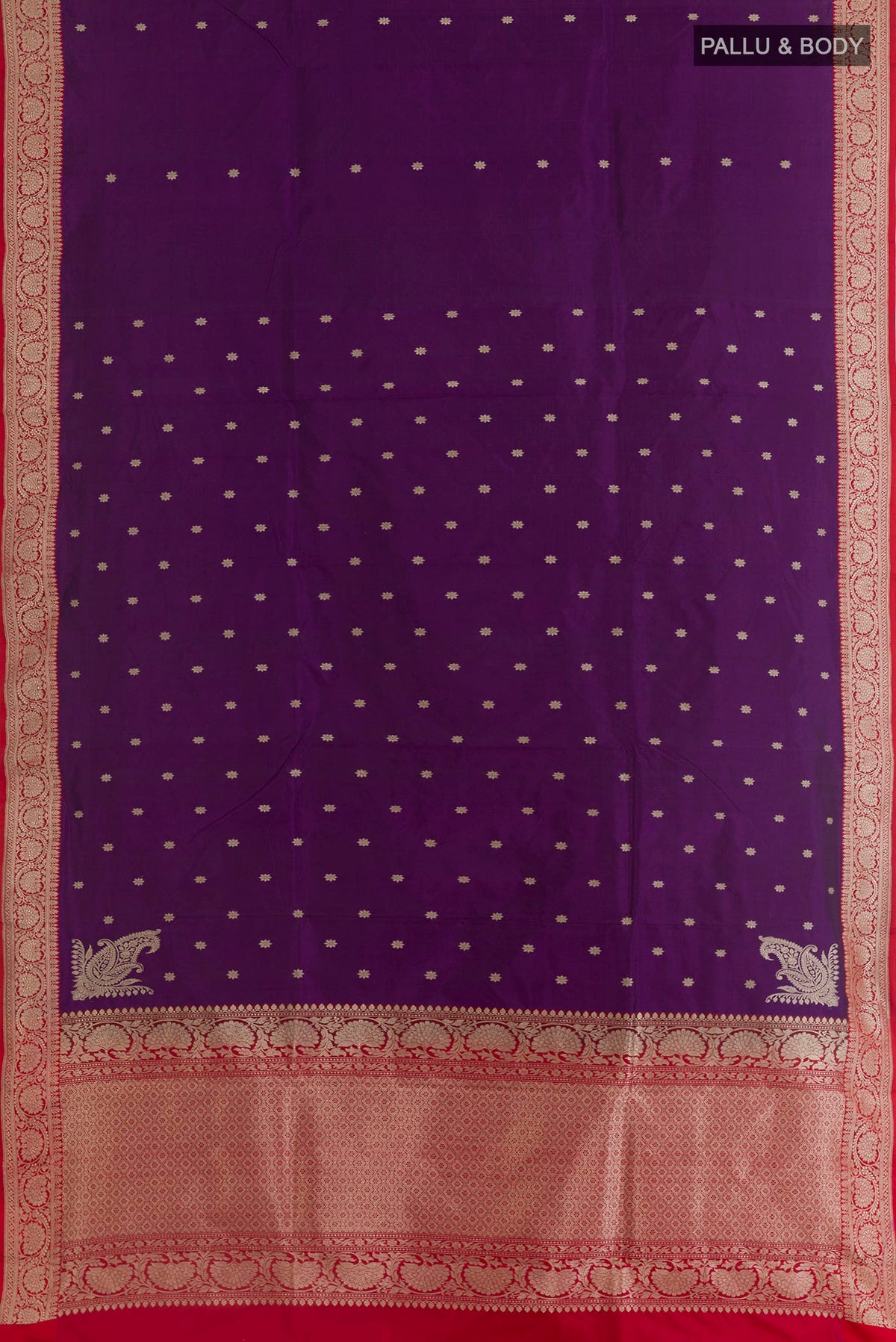 Flat view of Purple Banarasi Silk Saree with Zari Butta on the body and Zari Border. 