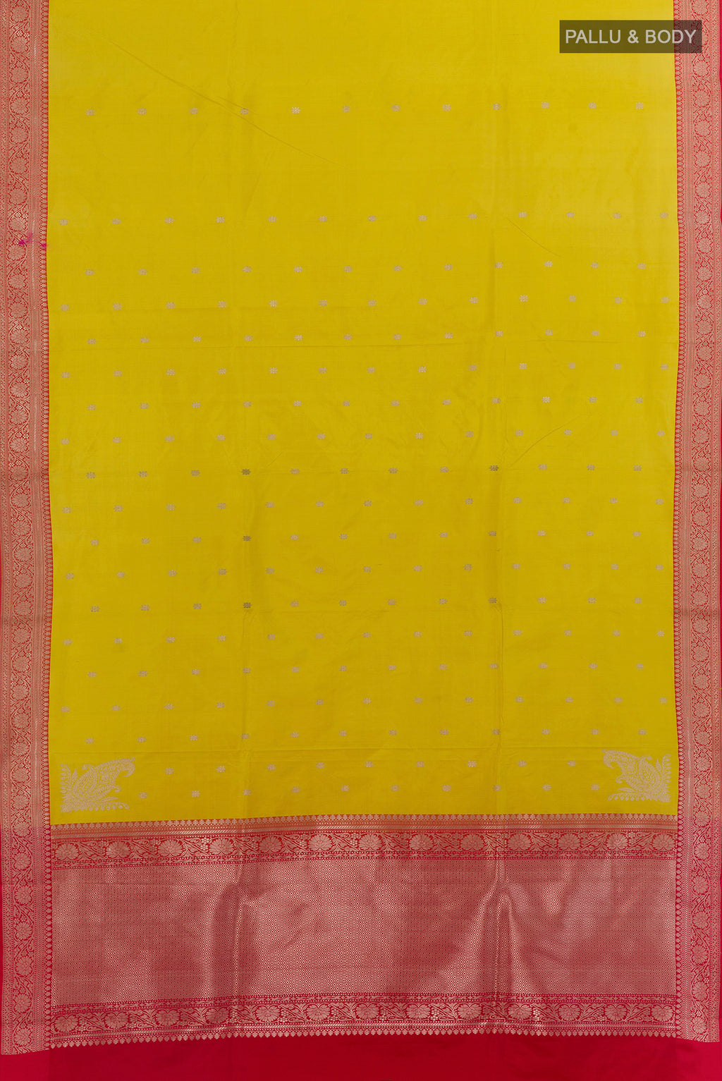 Flat view of Pure Silk Yellow Banarasi Katan Saree with Zari Butta on the body and Zari Border. 