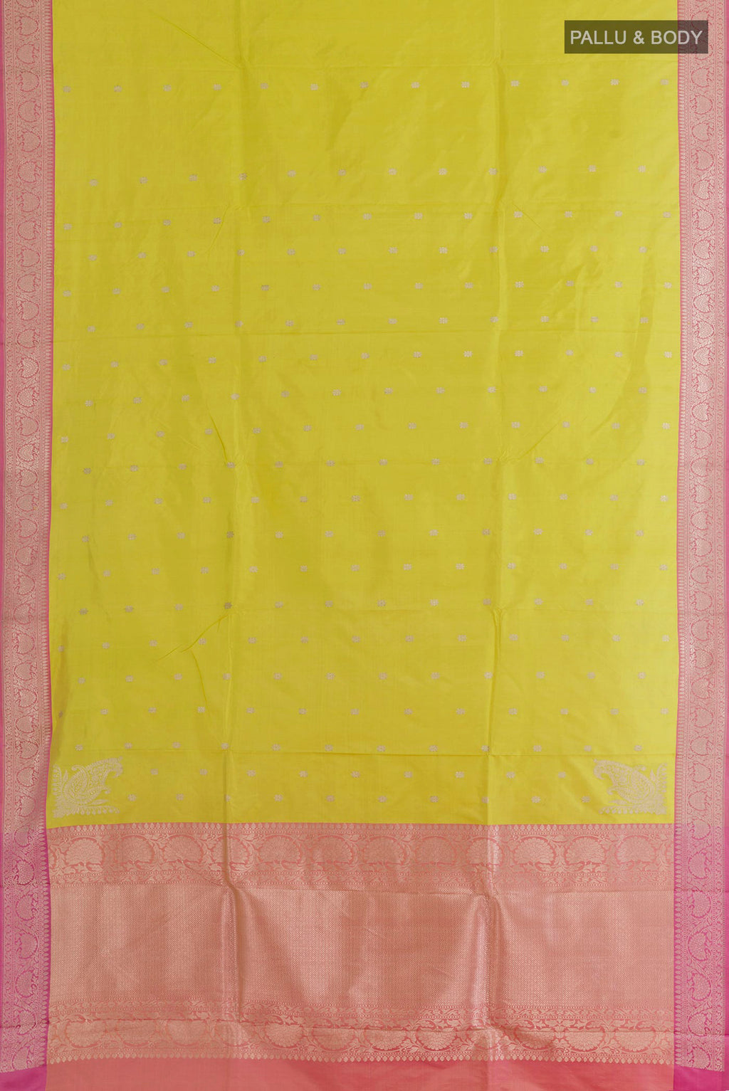 Flat view of Lemon Yellow Banarasi Silk Saree with Zari Butta on the body and Zari Border. 