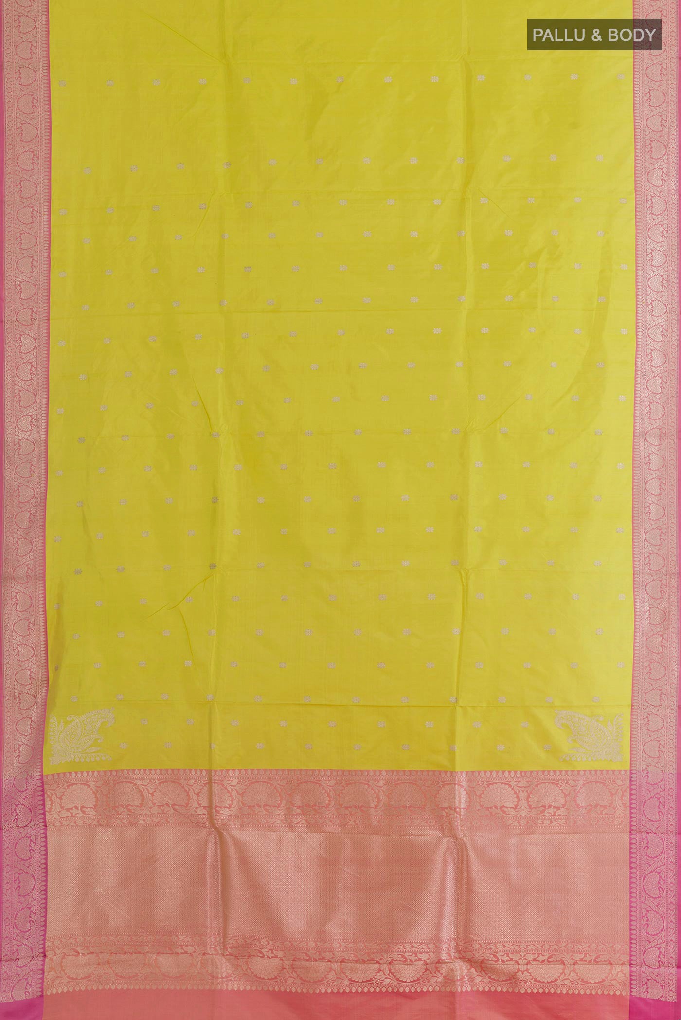 Flat view of Lemon Yellow Banarasi Silk Saree with Zari Butta on the body and Zari Border. 