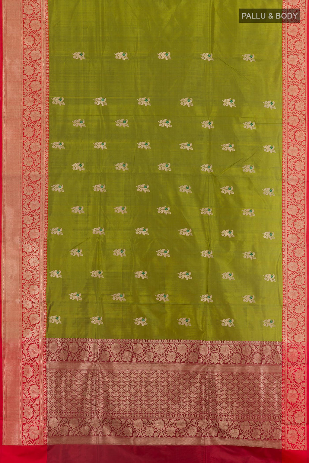 Flat view of Mehandi Green Banarasi Katan Silk Saree with Zari Butta on the body and Zari Border. 