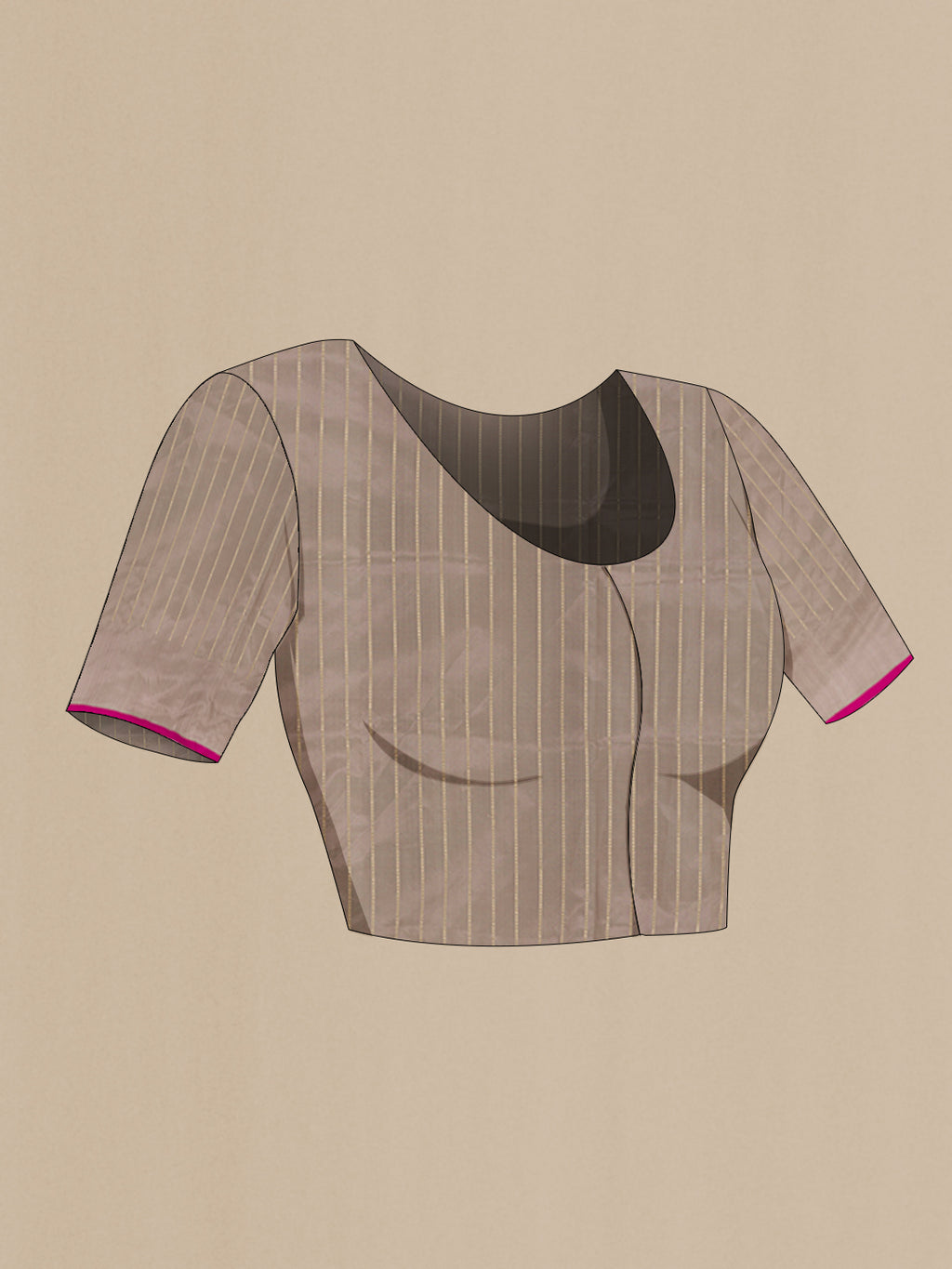 Close up image of the blouse of Grey Banarasi Katan Silk Saree with Zari Butta on the body and Zari Border. 
