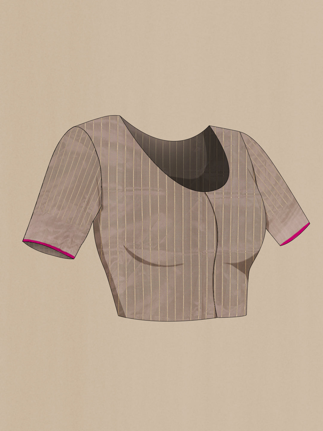 Close up image of the blouse of Grey Banarasi Katan Silk Saree with Zari Butta on the body and Zari Border. 