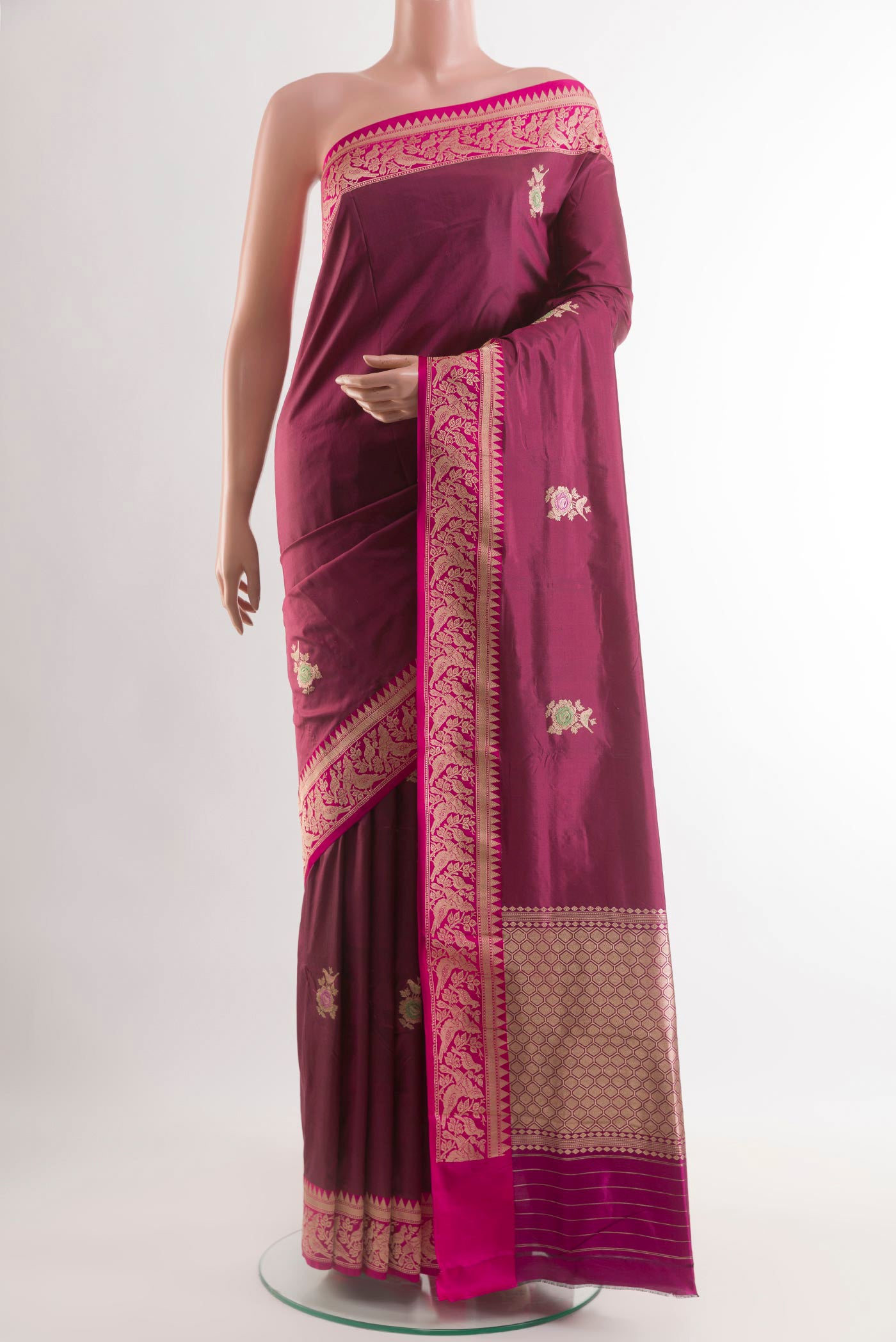 Purple Banarasi Silk Saree with Zari Butta on the body and Zari Border.  displayed on a mannequin