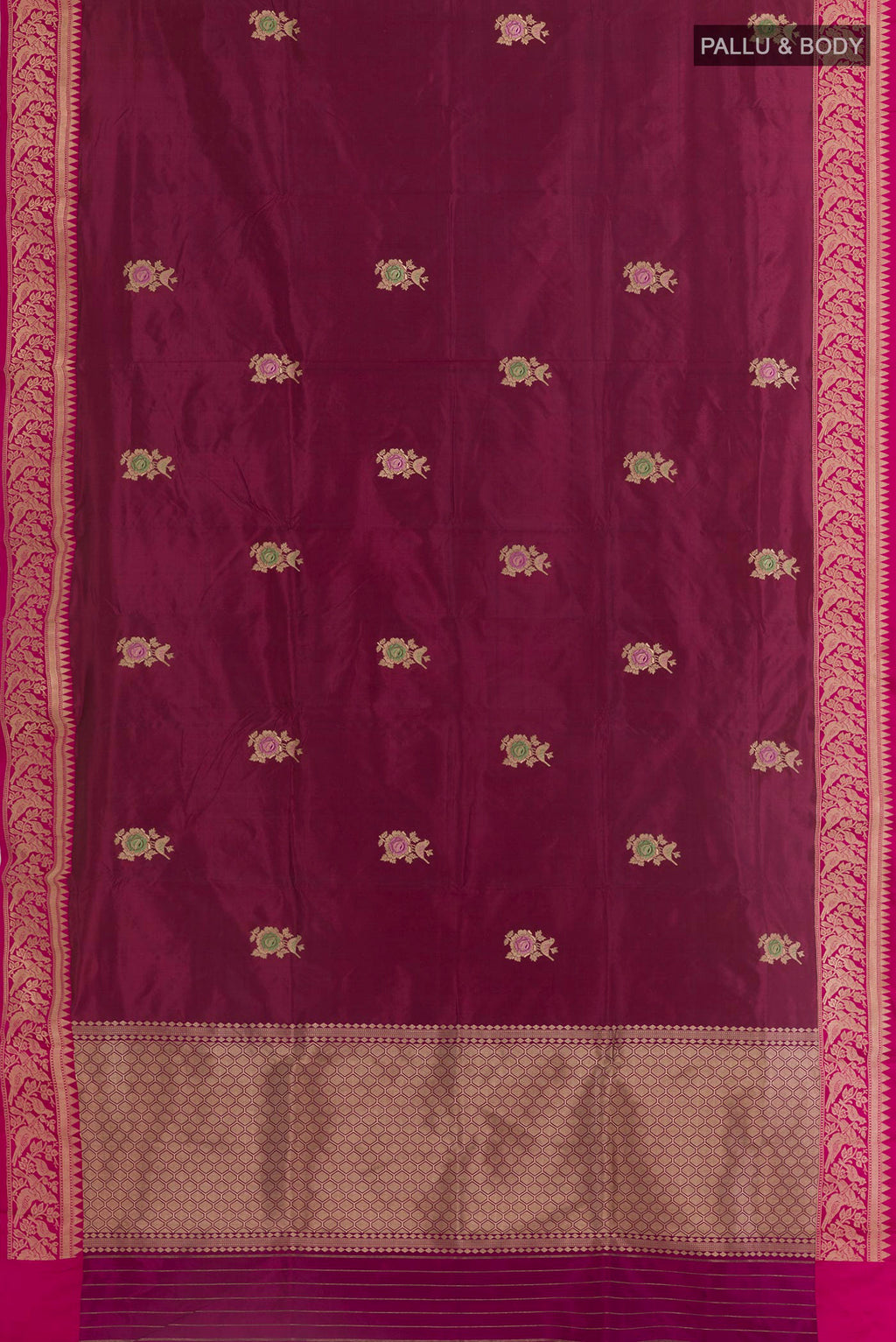 Flat view of Purple Banarasi Silk Saree with Zari Butta on the body and Zari Border. 