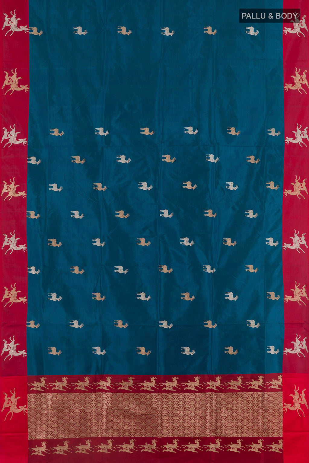Flat view of Blue Banarasi Katan Silk Saree with Zari Butta on the body and Zari Border. 