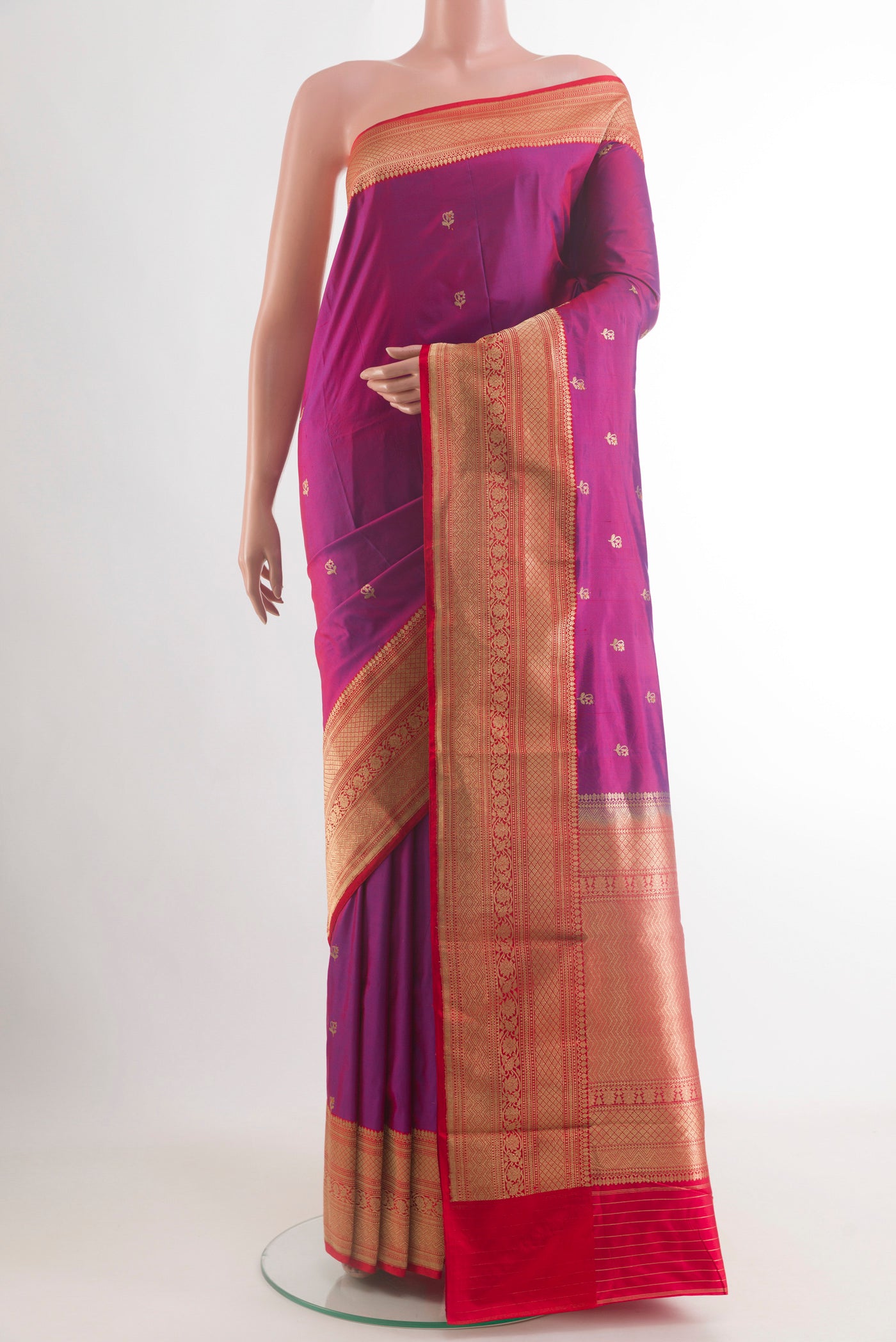 Purple Banarasi Katan Silk Saree with Zari Butta on the body and Zari Border.  displayed on a mannequin