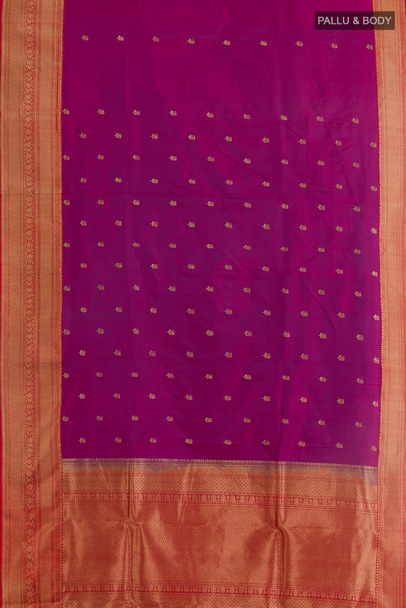 Flat view of Purple Banarasi Katan Silk Saree with Zari Butta on the body and Zari Border. 
