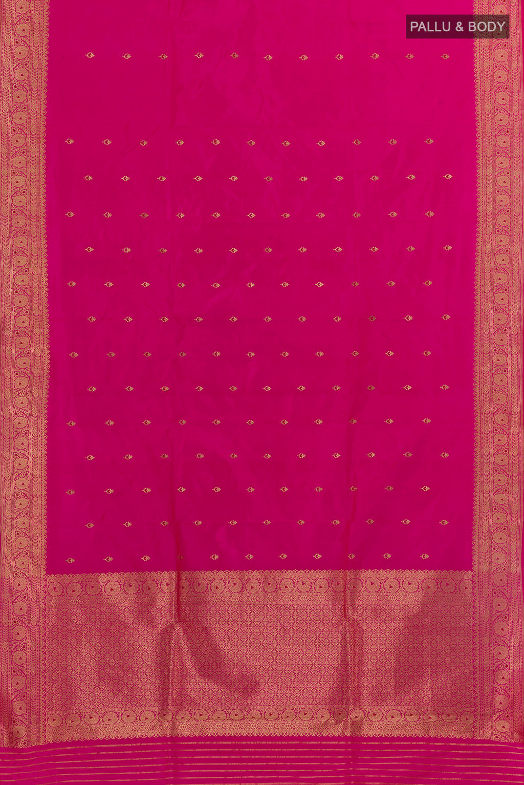 Flat view of Rani Pink Banarasi Katan Silk Saree with Zari Butta on the body and Zari Border. 