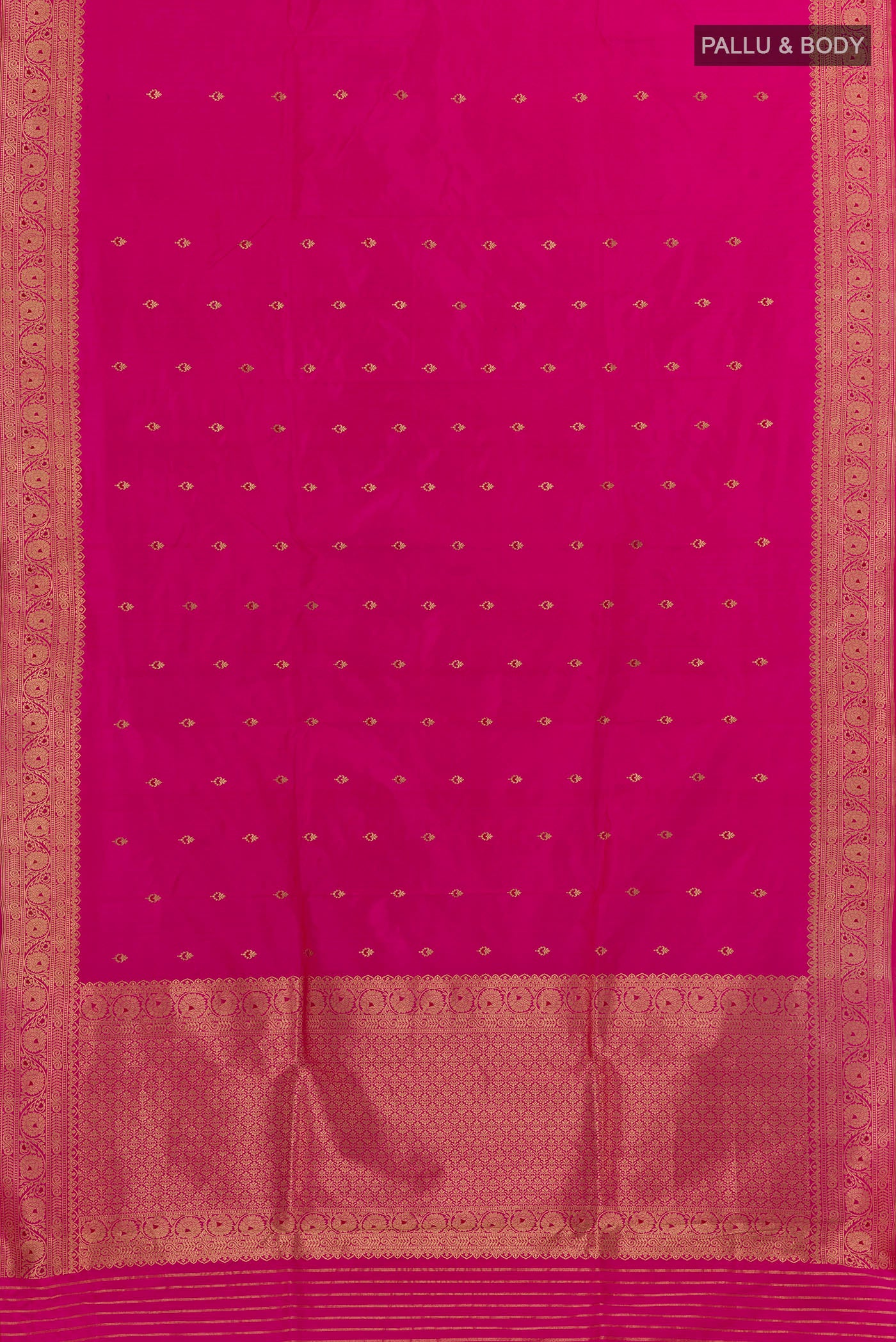 Flat view of Rani Pink Banarasi Katan Silk Saree with Zari Butta on the body and Zari Border. 