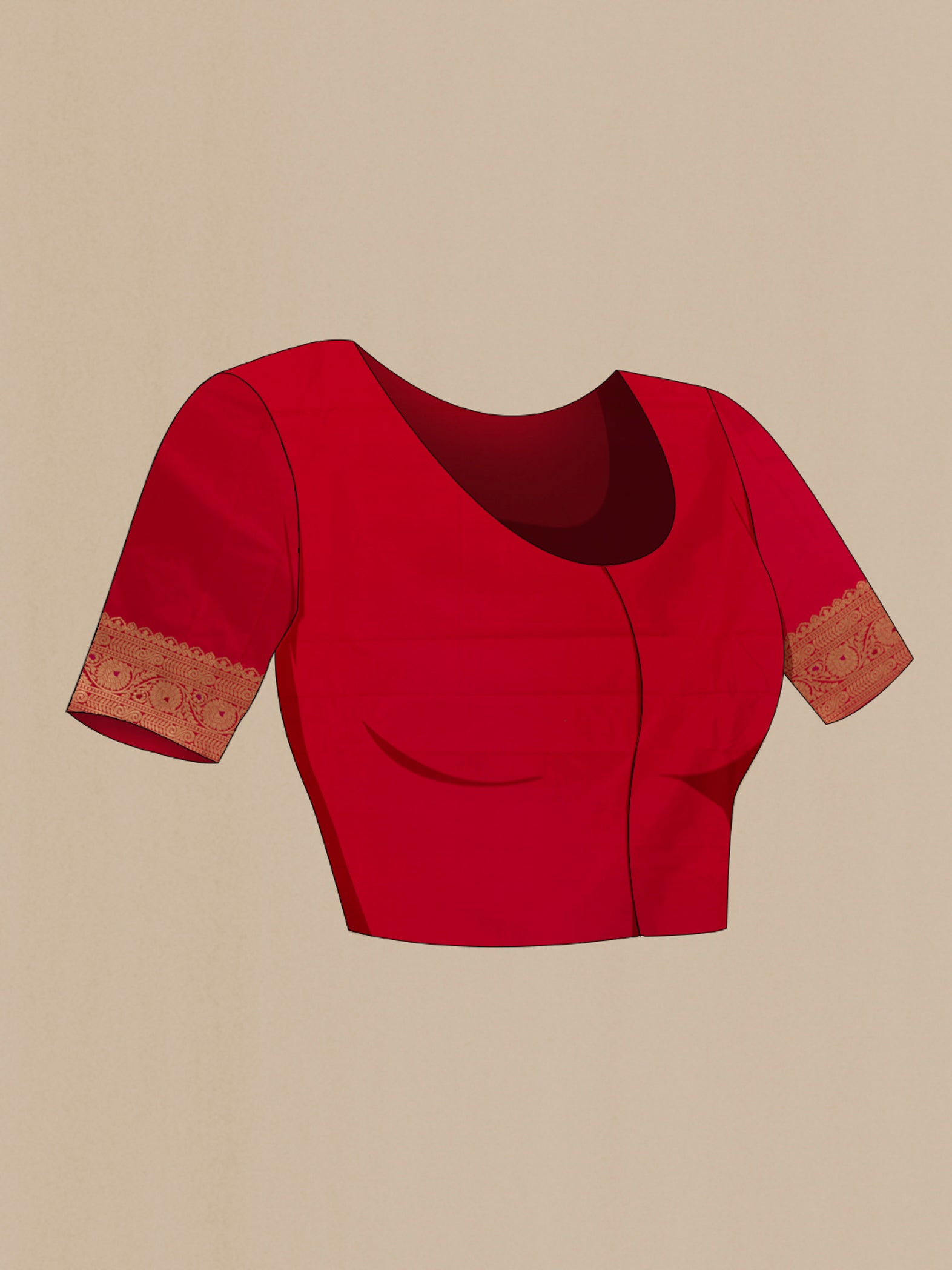 Close up image of the blouse of Red Banarasi Katan Silk Saree with Zari Butta on the body and Zari Border. 