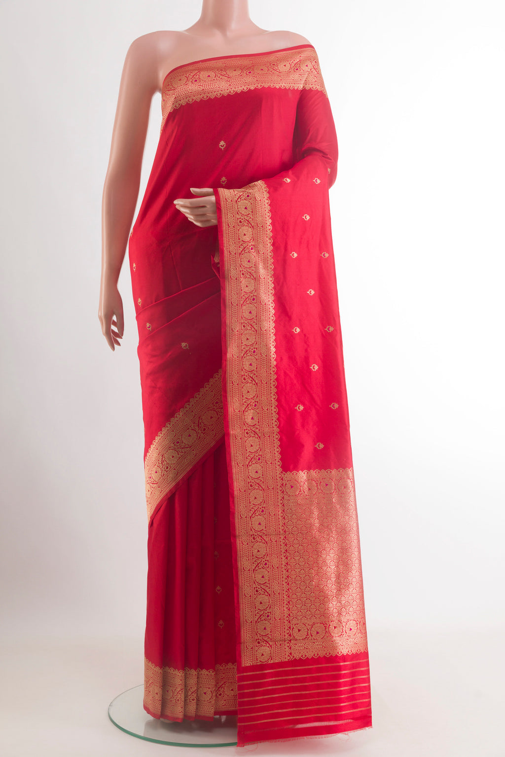 Red Banarasi Katan Silk Saree with Zari Butta on the body and Zari Border.  displayed on a mannequin