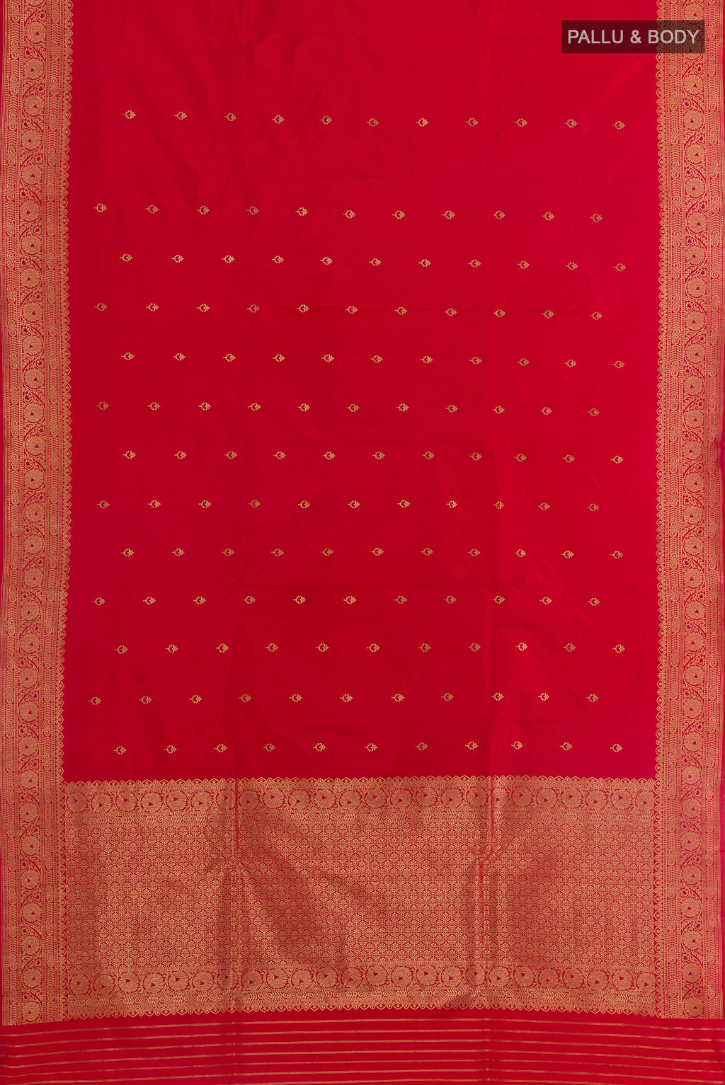 Flat view of Red Banarasi Katan Silk Saree with Zari Butta on the body and Zari Border. 
