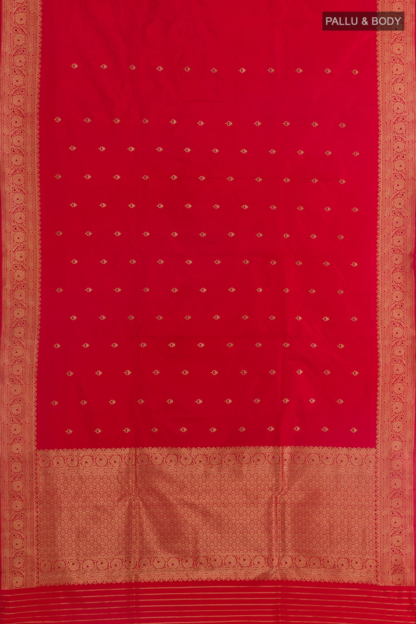 Flat view of Red Banarasi Katan Silk Saree with Zari Butta on the body and Zari Border. 