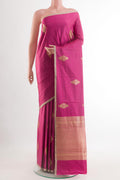 Pink Banarasi Silk Saree with Zari Butta on the body and Zari Border.  displayed on a mannequin