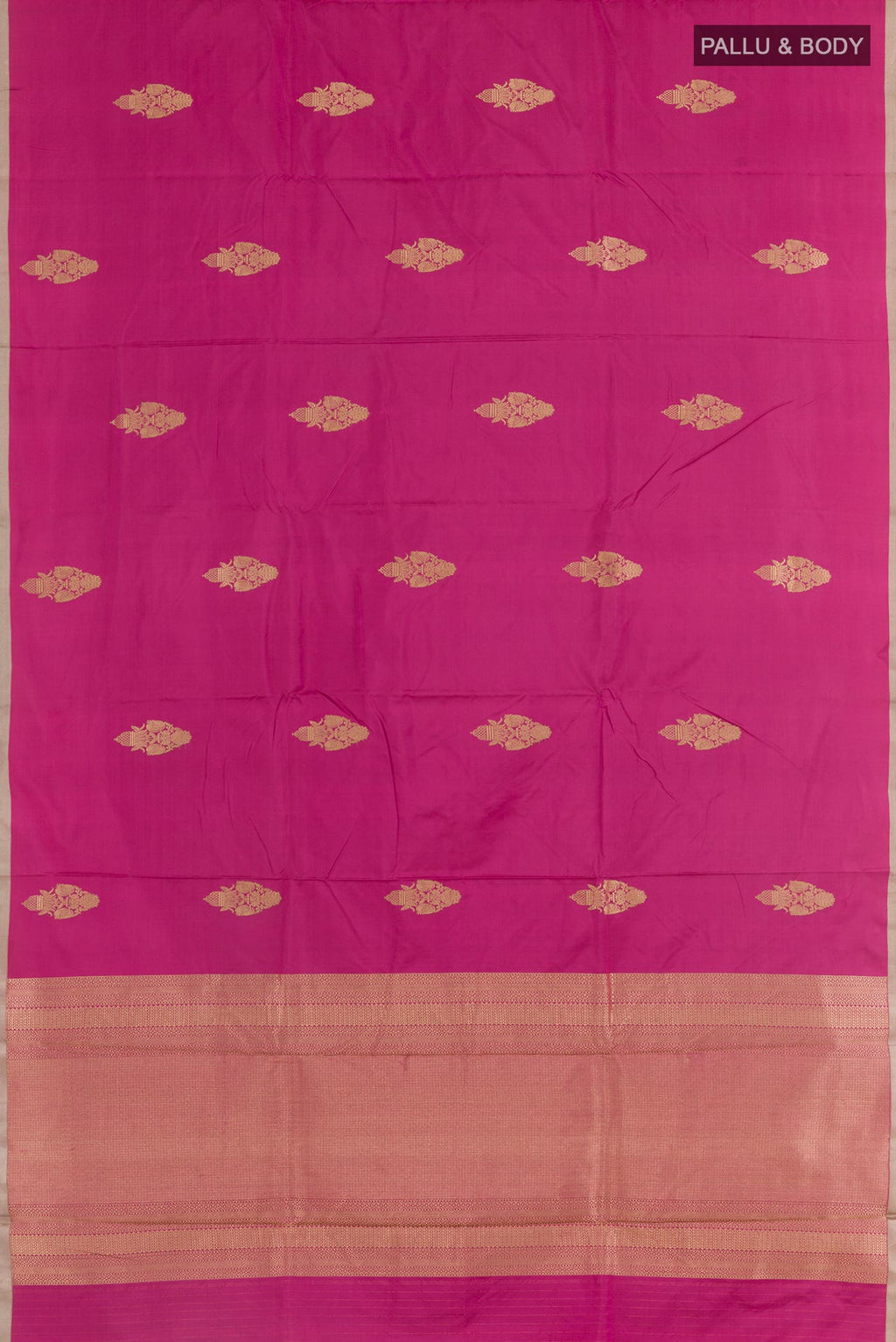 Flat view of Pink Banarasi Silk Saree with Zari Butta on the body and Zari Border. 