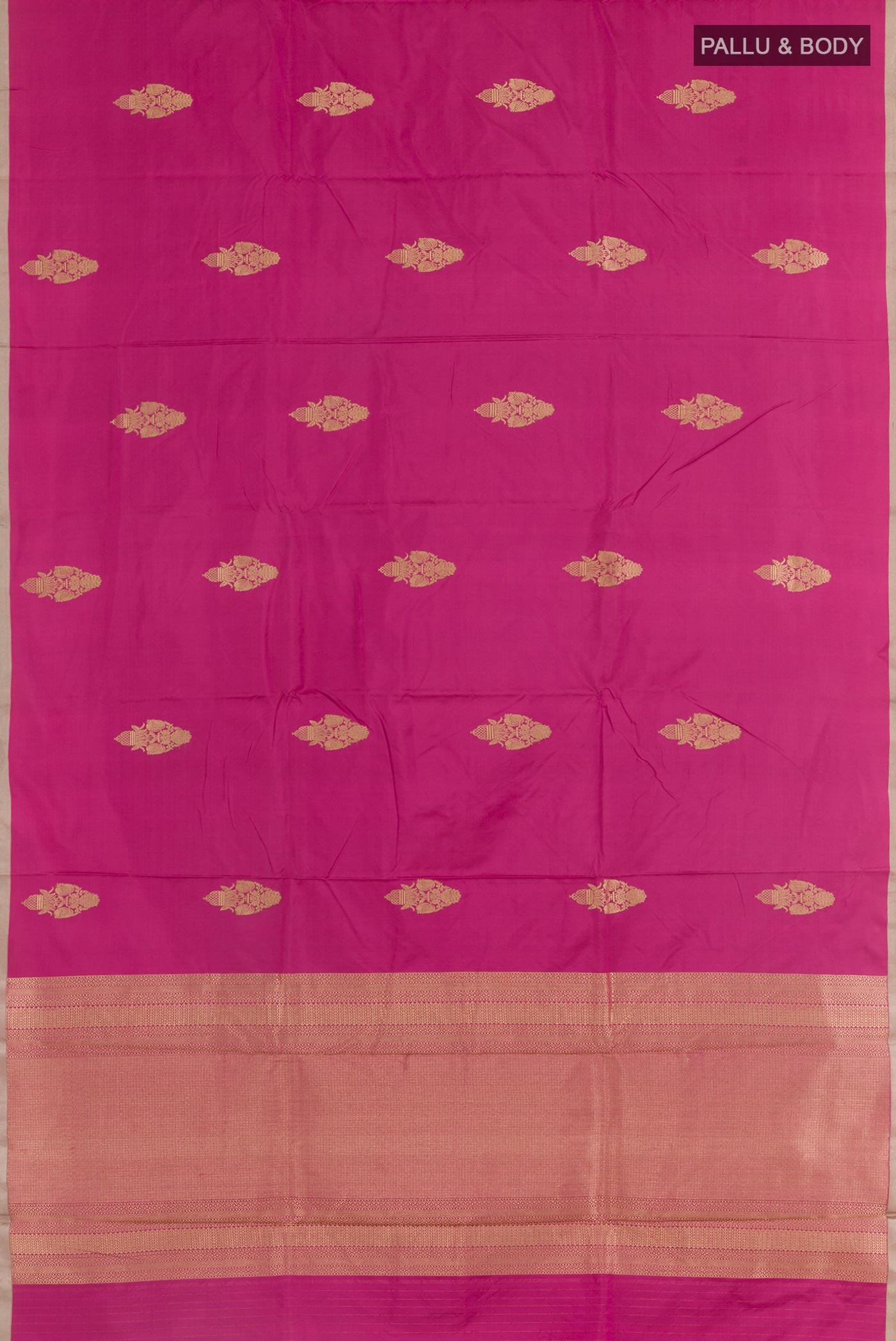Flat view of Pink Banarasi Silk Saree with Zari Butta on the body and Zari Border. 