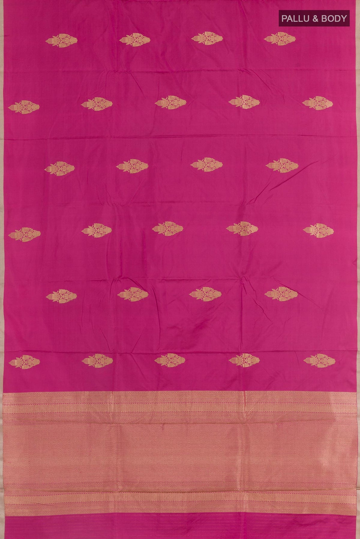 Flat view of Pink Banarasi Silk Saree with Zari Butta on the body and Zari Border. 