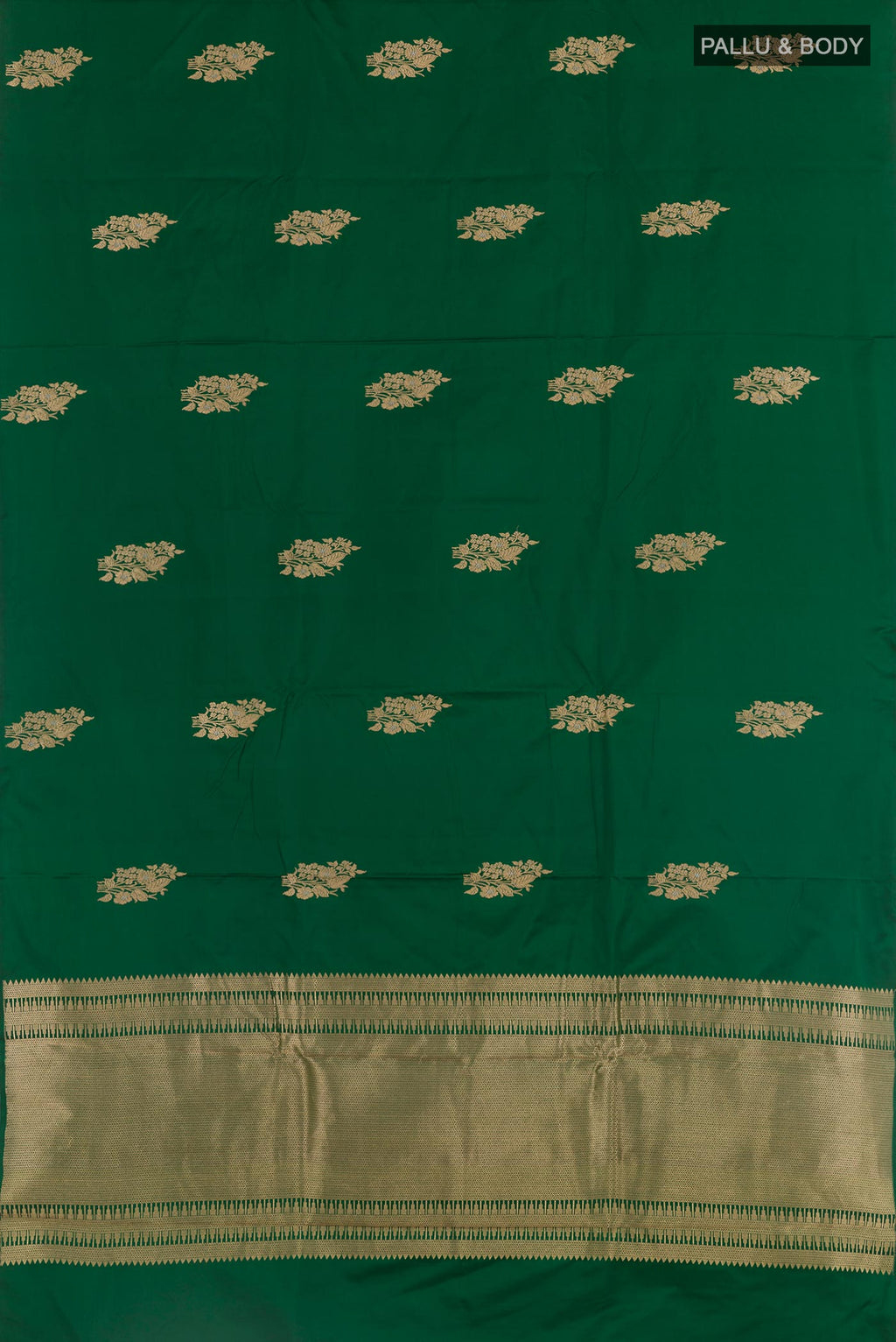 Flat view of Green Banarasi Silk Saree with Zari Butta on the body and Zari Border. 