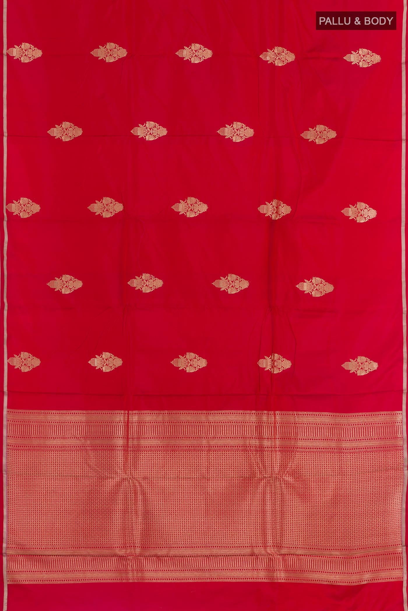Flat view of Red Banarasi Silk Saree with Zari Butta on the body and Zari Border. 