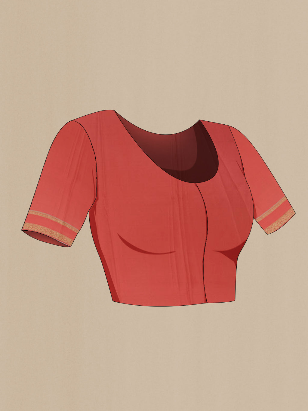Close up image of the blouse of Coral Mysore Crepe Saree with Zari Butta on the body and Zari Border. 