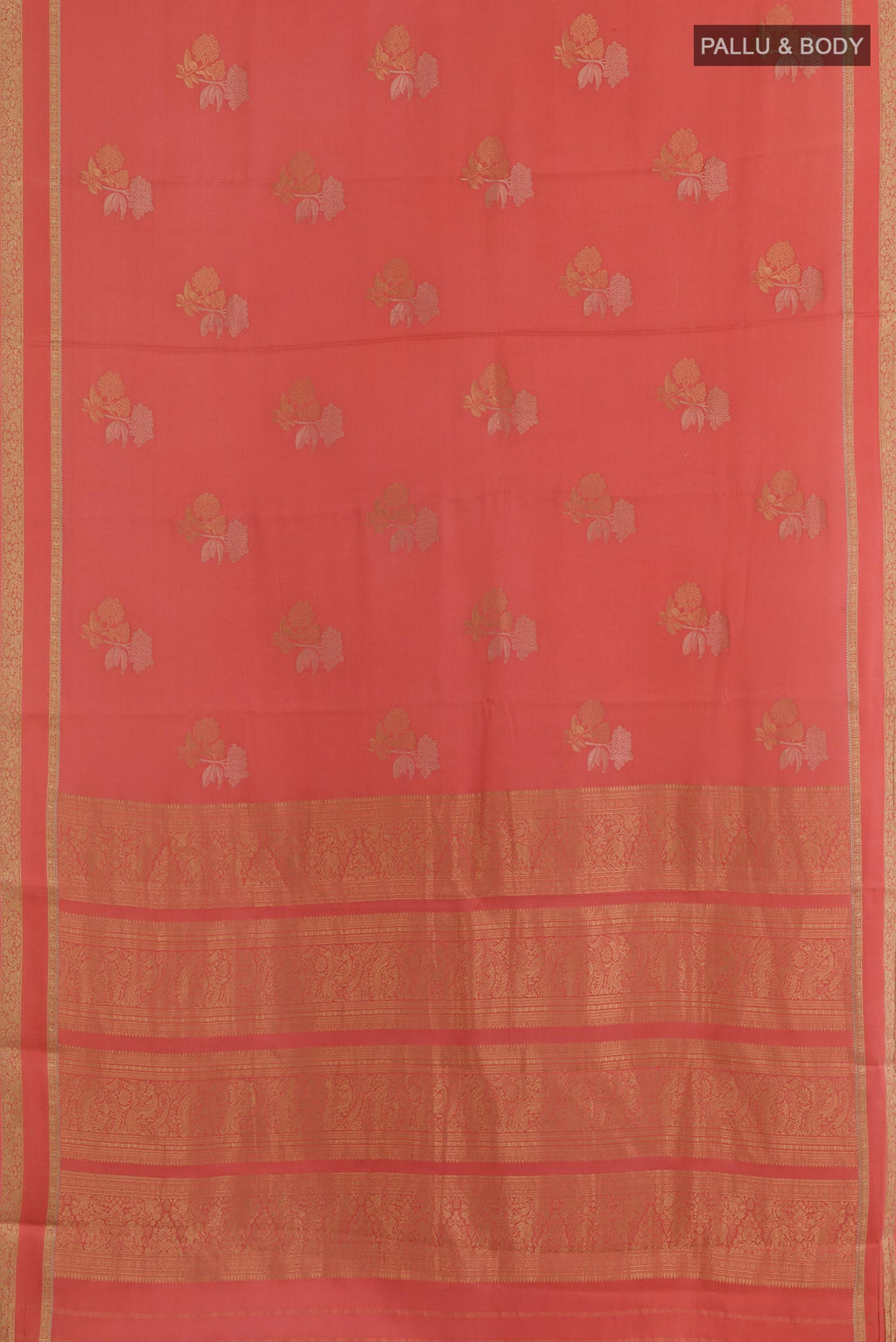 Flat view of Coral Mysore Crepe Saree with Zari Butta on the body and Zari Border. 
