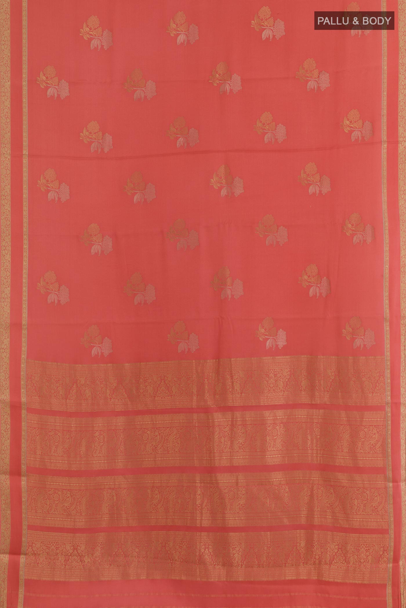 Flat view of Coral Mysore Crepe Saree with Zari Butta on the body and Zari Border. 