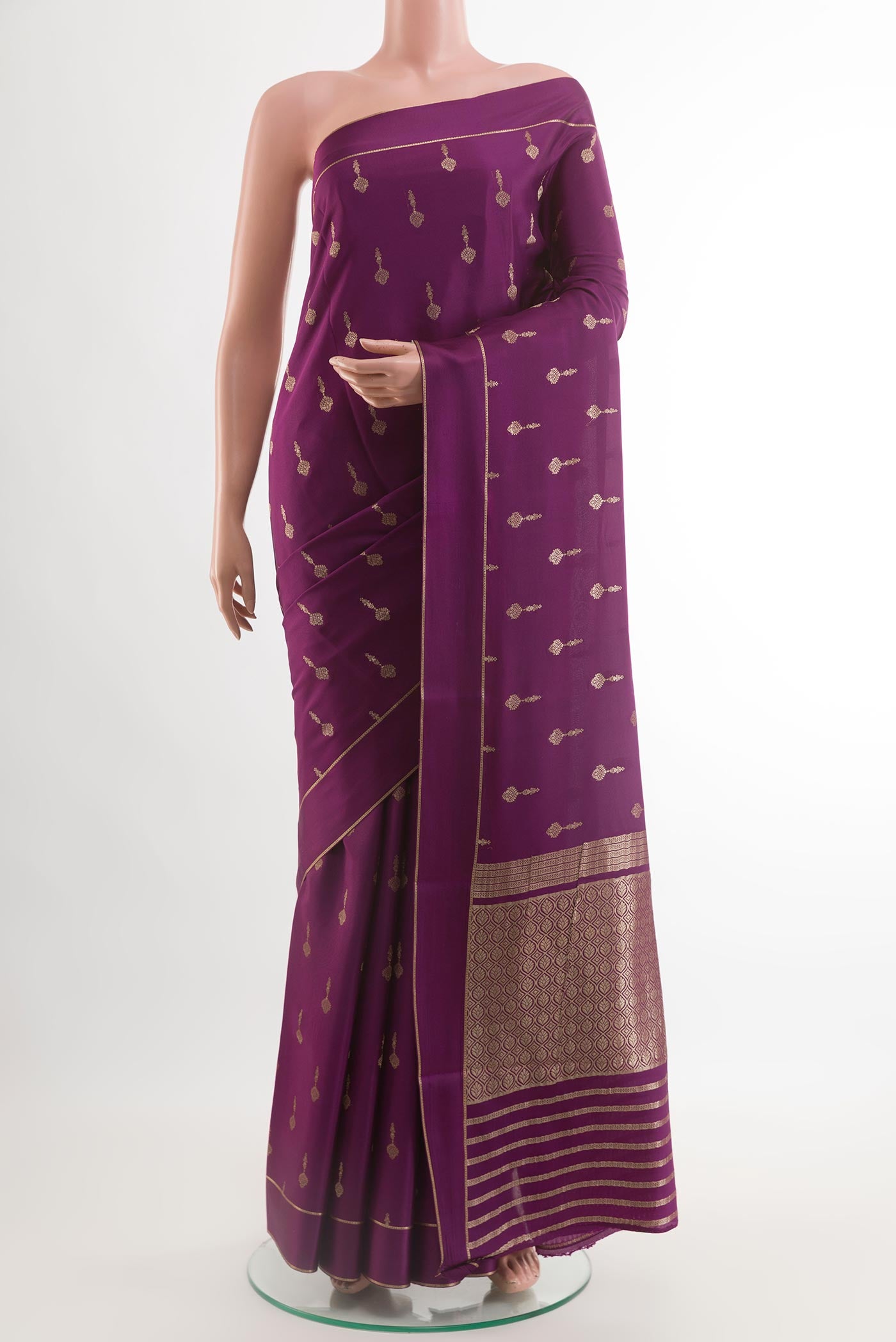 Purple Mysore Crepe Saree with Zari Butta on the body and Zari Border.  displayed on a mannequin