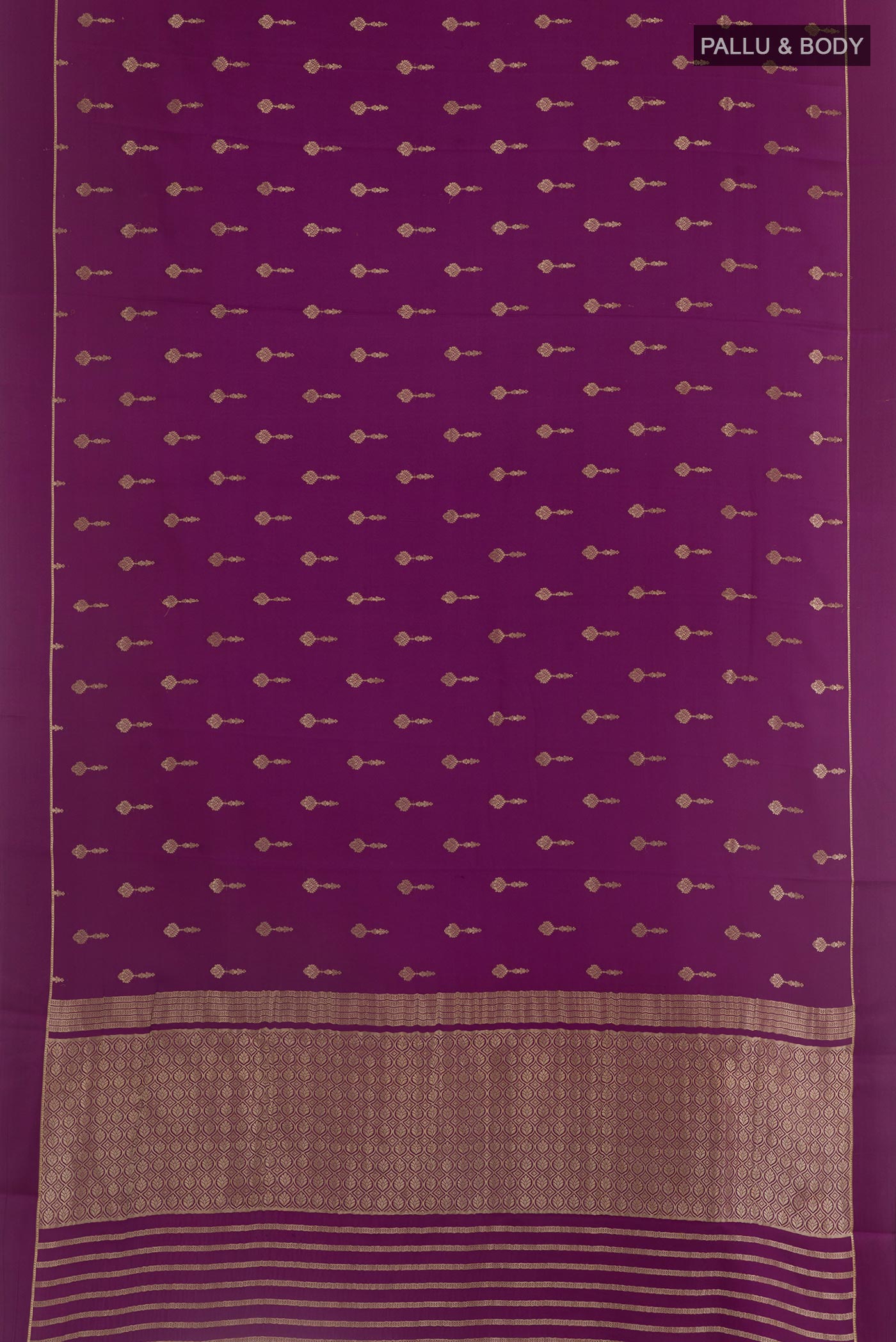 Flat view of Purple Mysore Crepe Saree with Zari Butta on the body and Zari Border. 