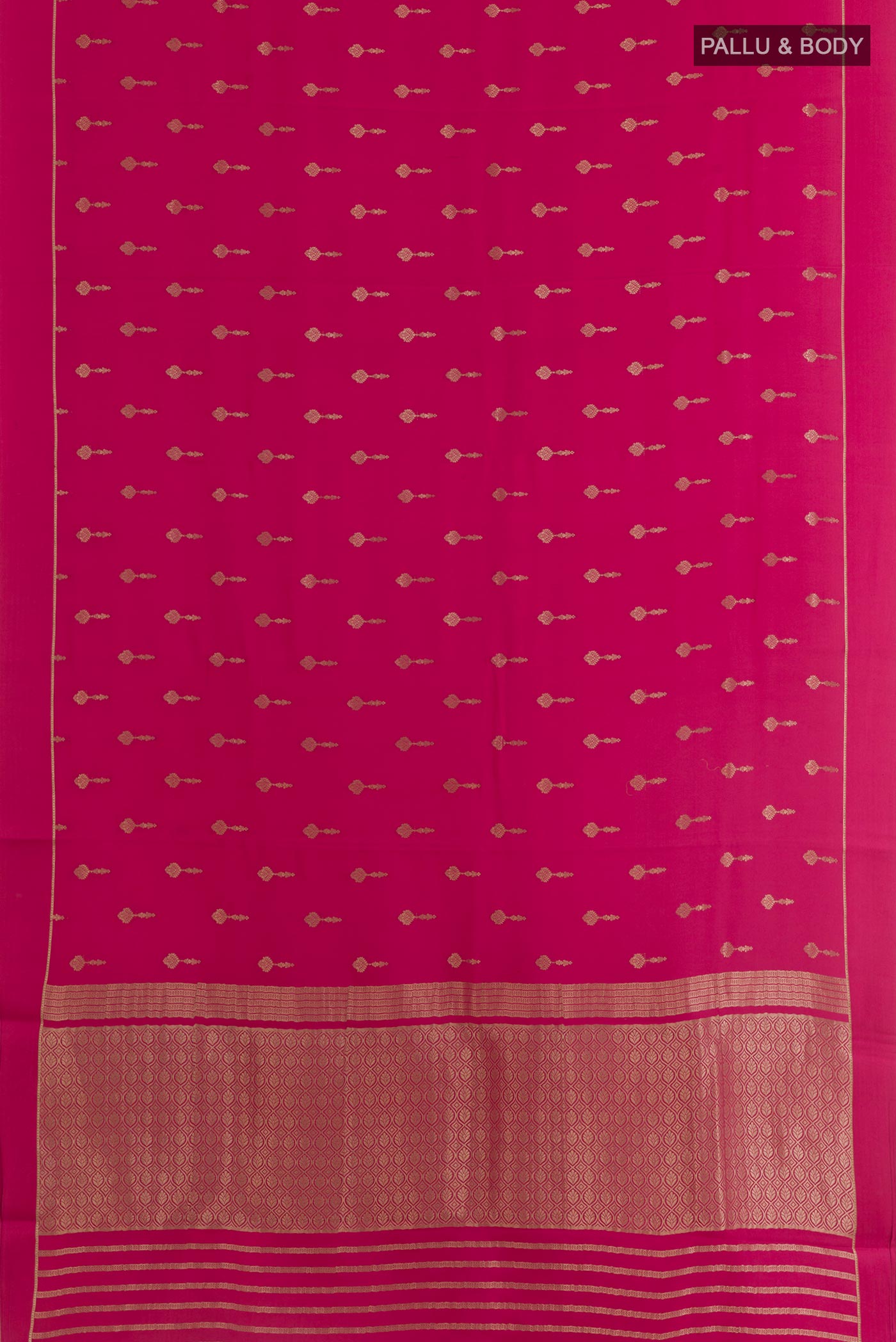 Flat view of Pink Mysore Crepe Saree with Zari Butta on the body and Zari Border. 