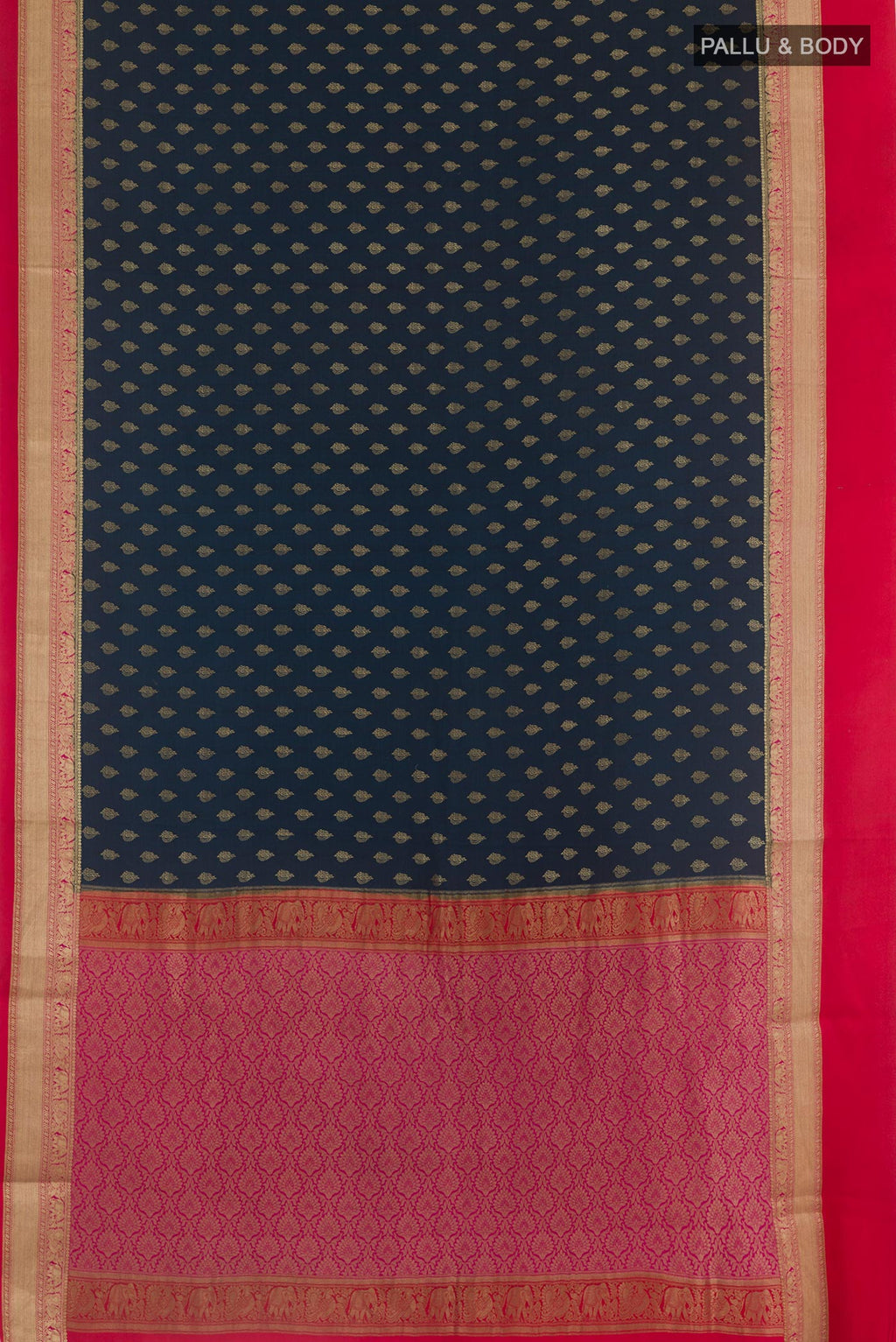 Flat view of Blue Mysore Crepe Saree with Zari Butta on the body and Zari Border. 
