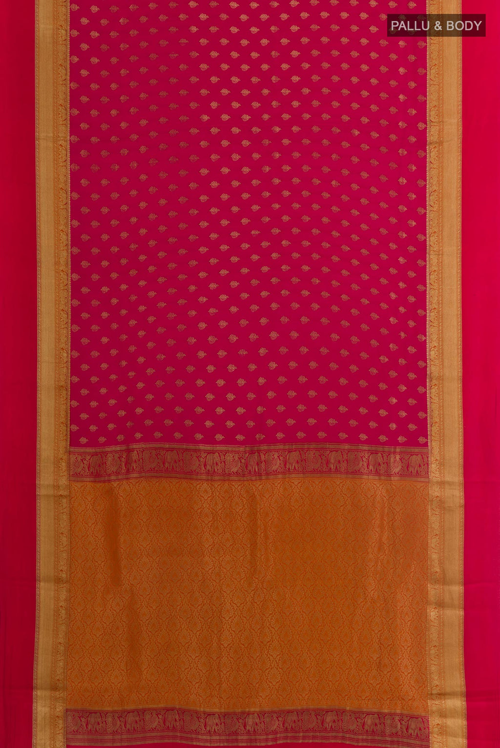Flat view of Dark Pink Mysore Crepe Saree with Zari Butta on the body and Zari Border. 