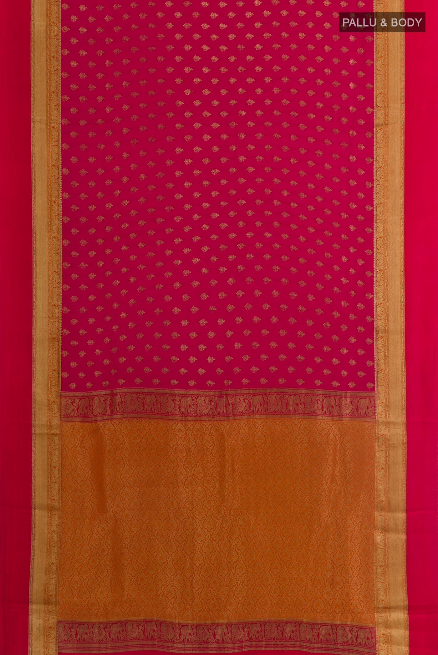 Flat view of Dark Pink Mysore Crepe Saree with Zari Butta on the body and Zari Border. 