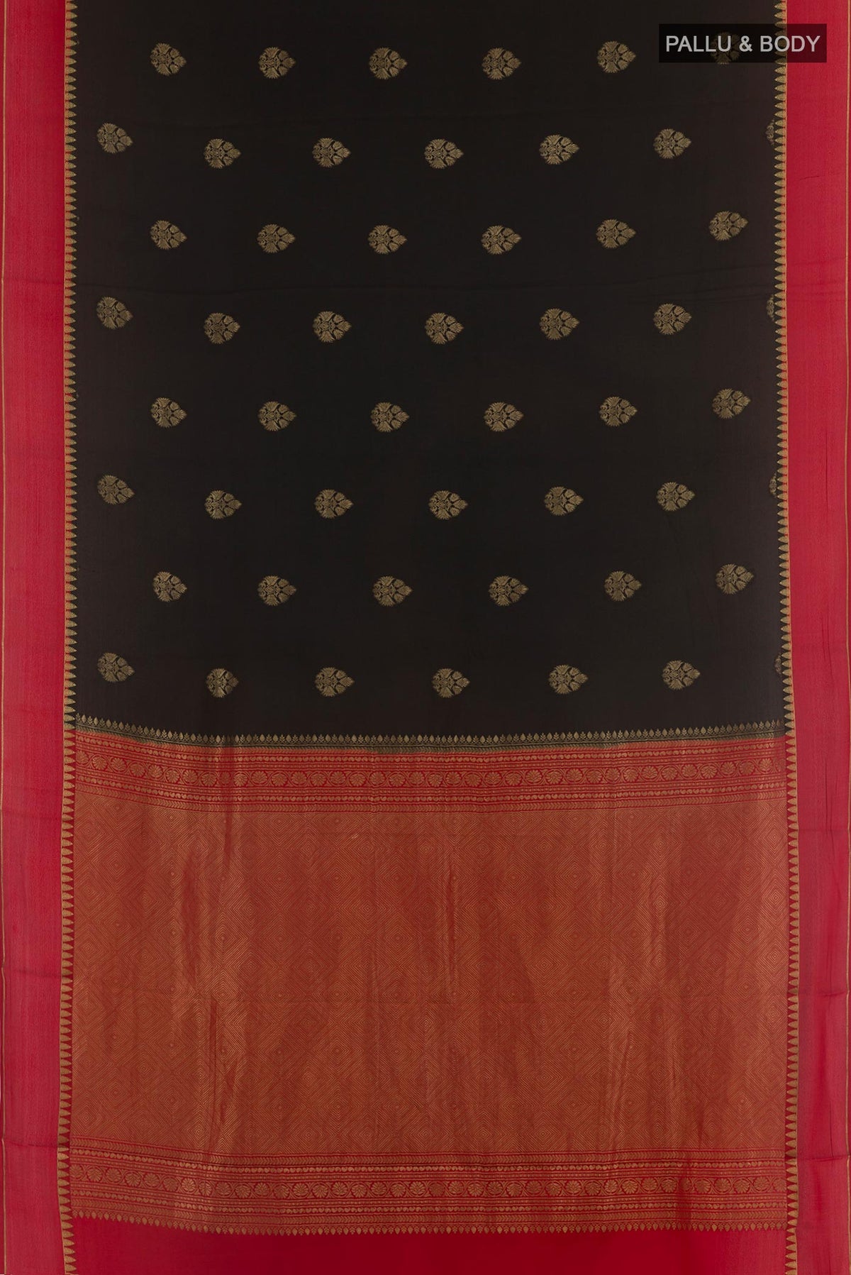 Flat view of Black Mysore Silk Saree with Zari Butta on the body and Zari Border. 