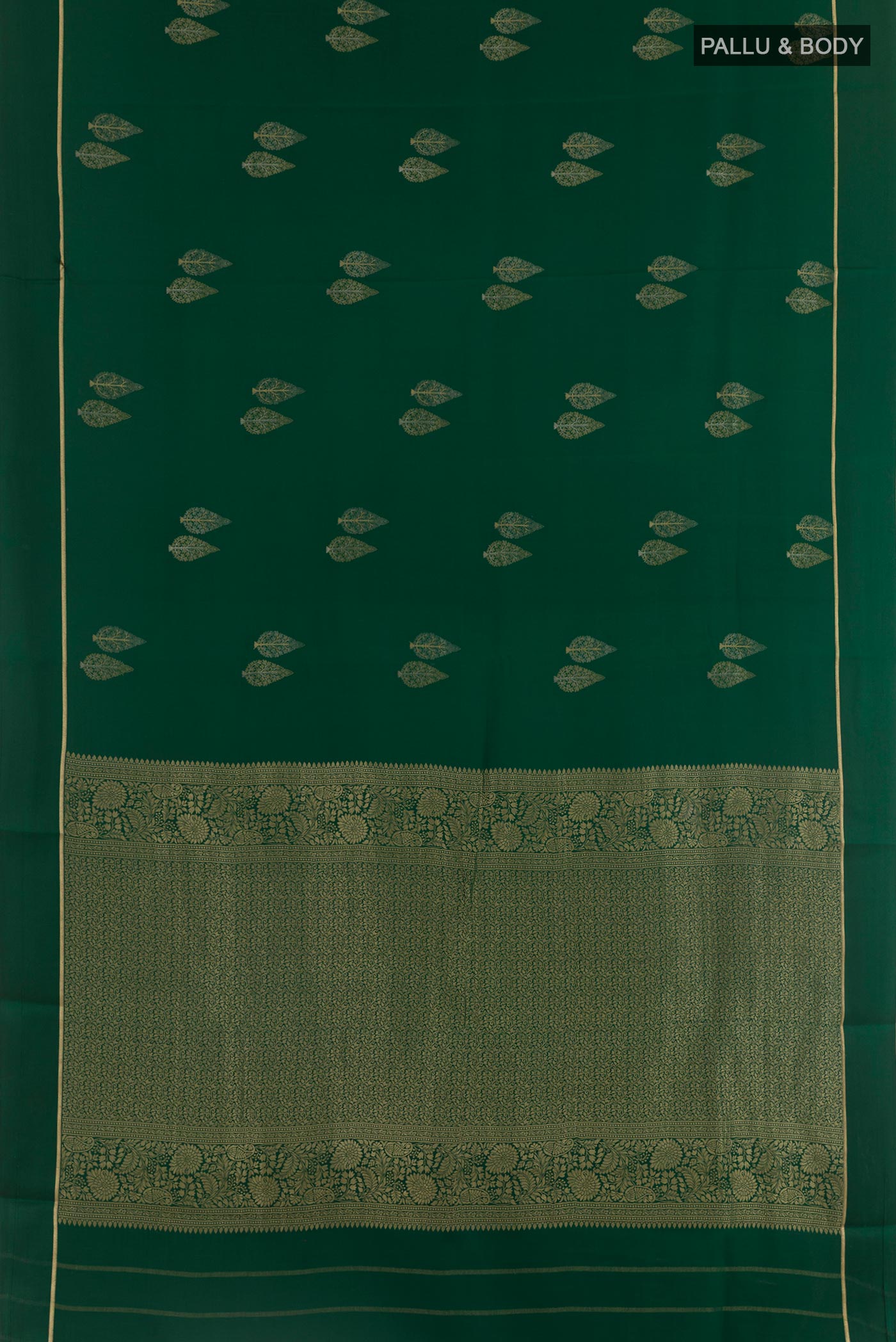 Flat view of Green Mysore Silk Saree with Zari Butta on the body and Zari Border. 