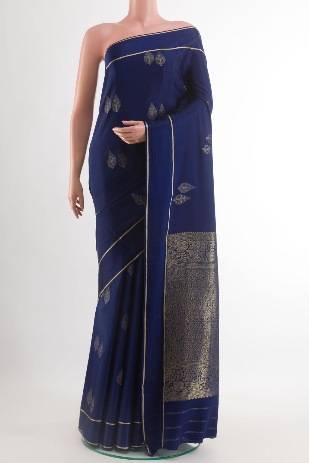 Blue Mysore Silk Saree with Zari Butta on the body and Zari Border.  displayed on a mannequin