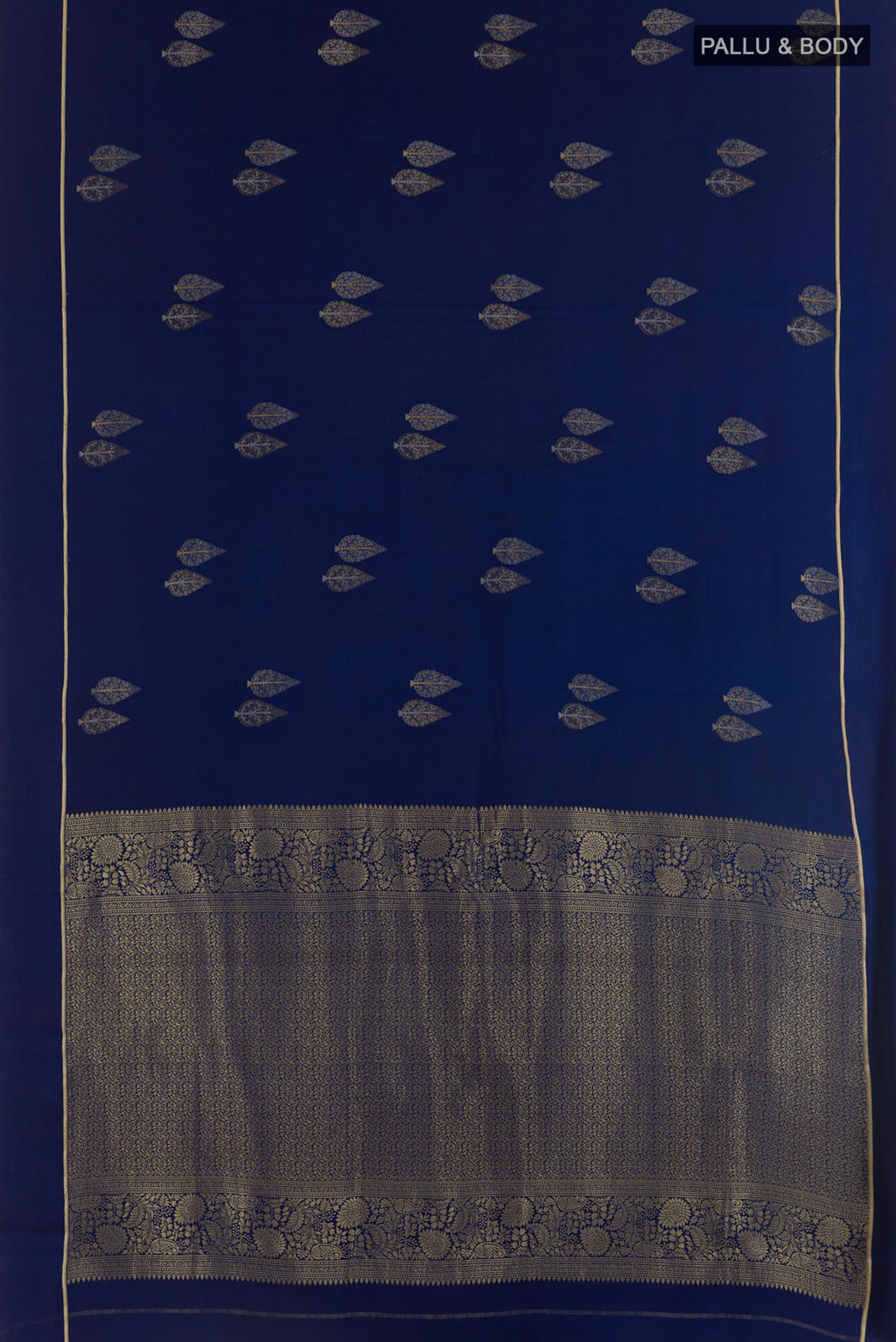 Flat view of Blue Mysore Silk Saree with Zari Butta on the body and Zari Border. 