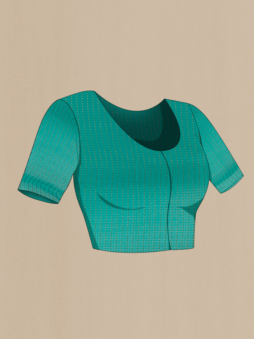 Close up image of the blouse of Sea Green Mysore Crepe Saree with Zari Butta on the body and Zari Border. 