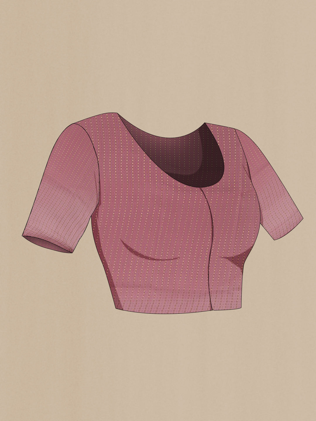 Close up image of the blouse of Lavender Mysore Crepe Saree with Zari Butta on the body and Zari Border. 